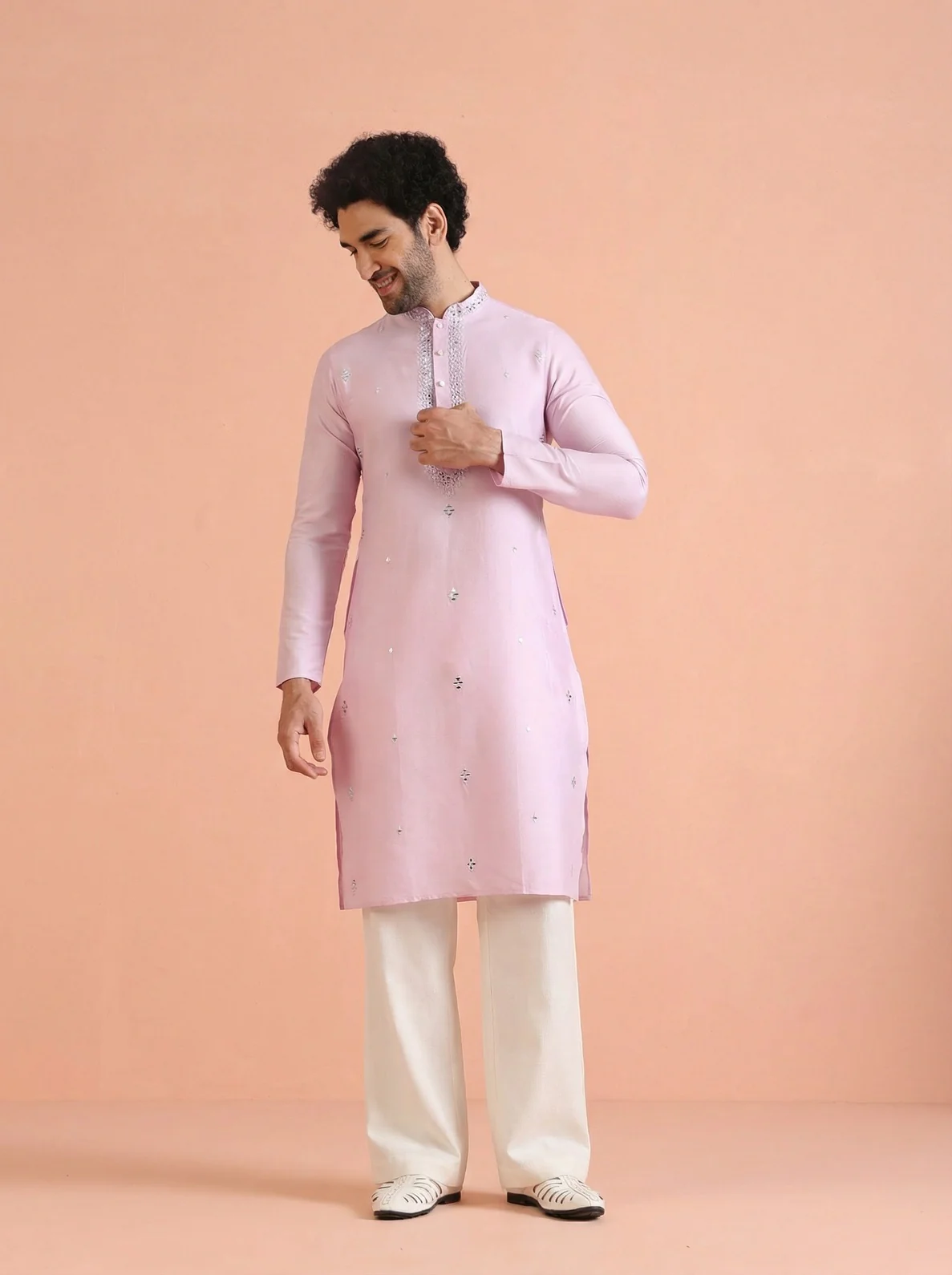 Lavender Cotton Blend Embroidered Kurta Wide Leg Trouser Set - Image 7