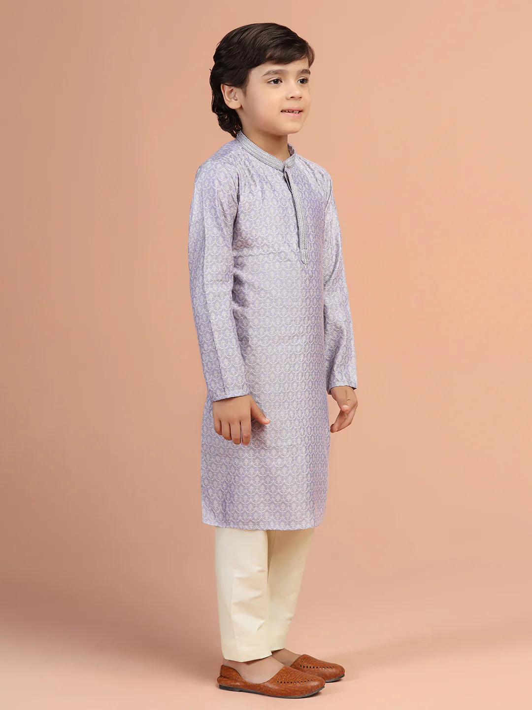 Lavender Jacquard Kids Kurta Set - Image 2