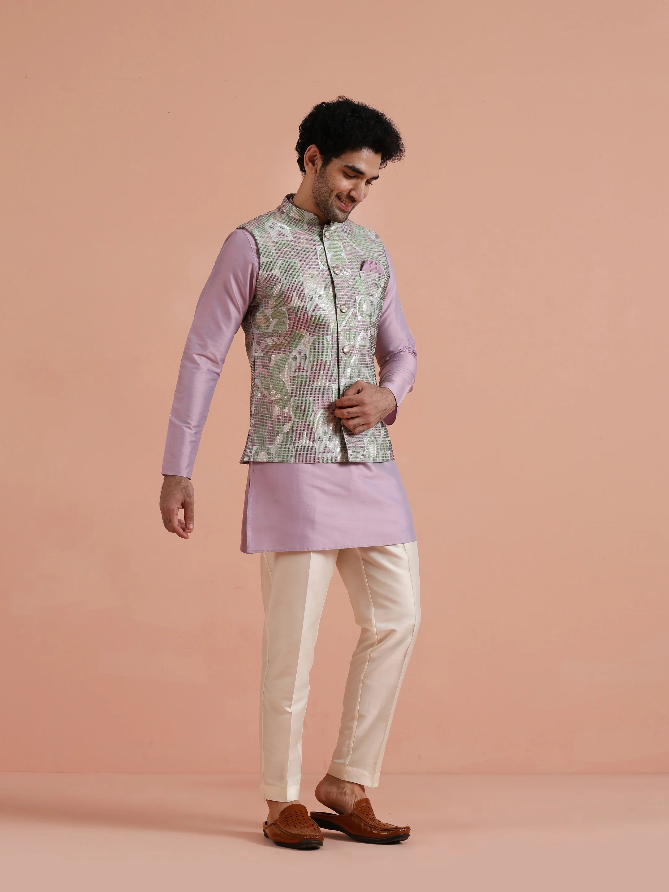 Lavender Silk Blend Kurta Jacket Set - Image 2