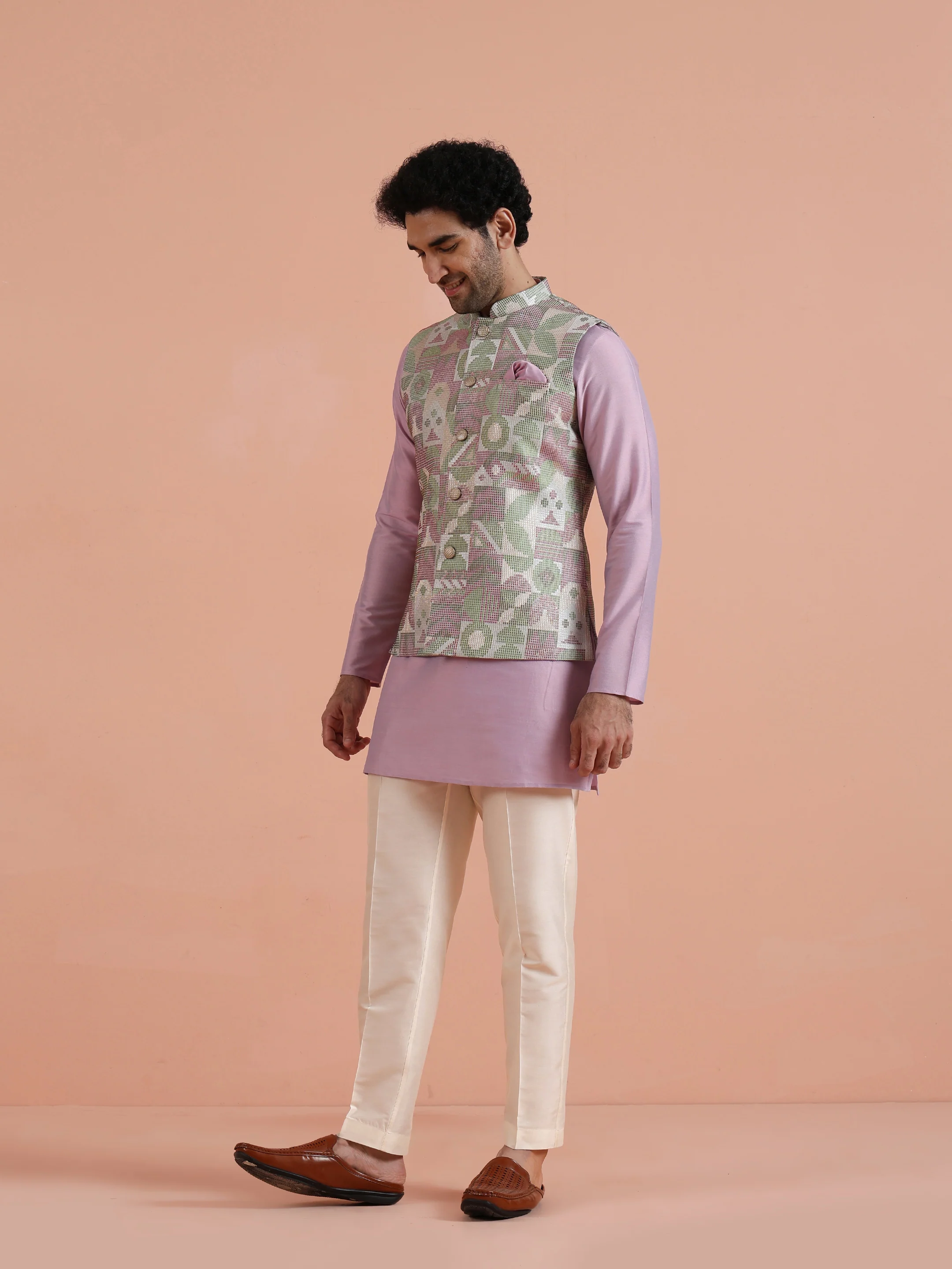Lavender Silk Blend Kurta Jacket Set - Image 3