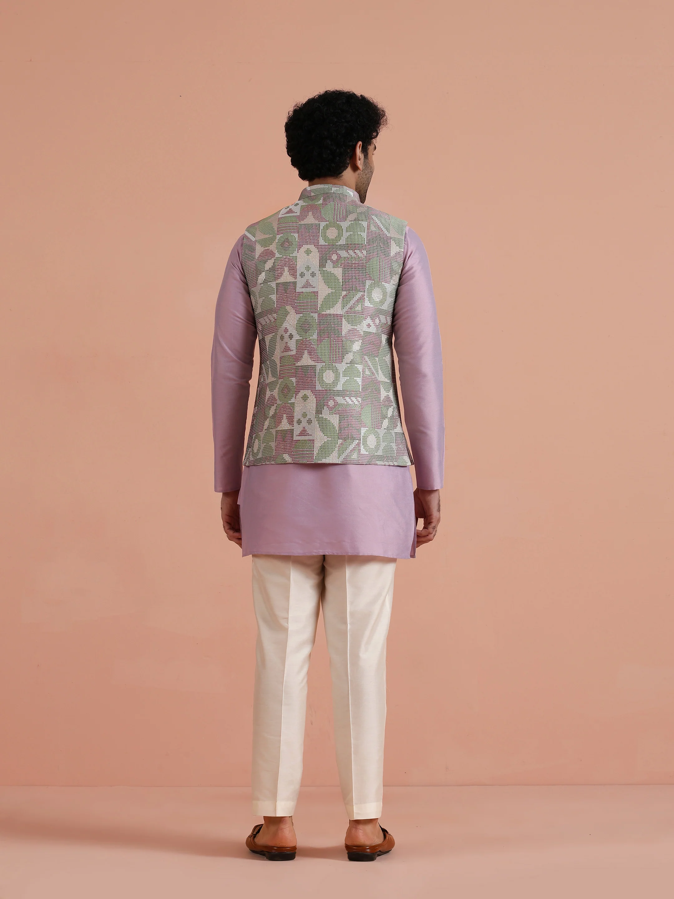 Lavender Silk Blend Kurta Jacket Set - Image 4