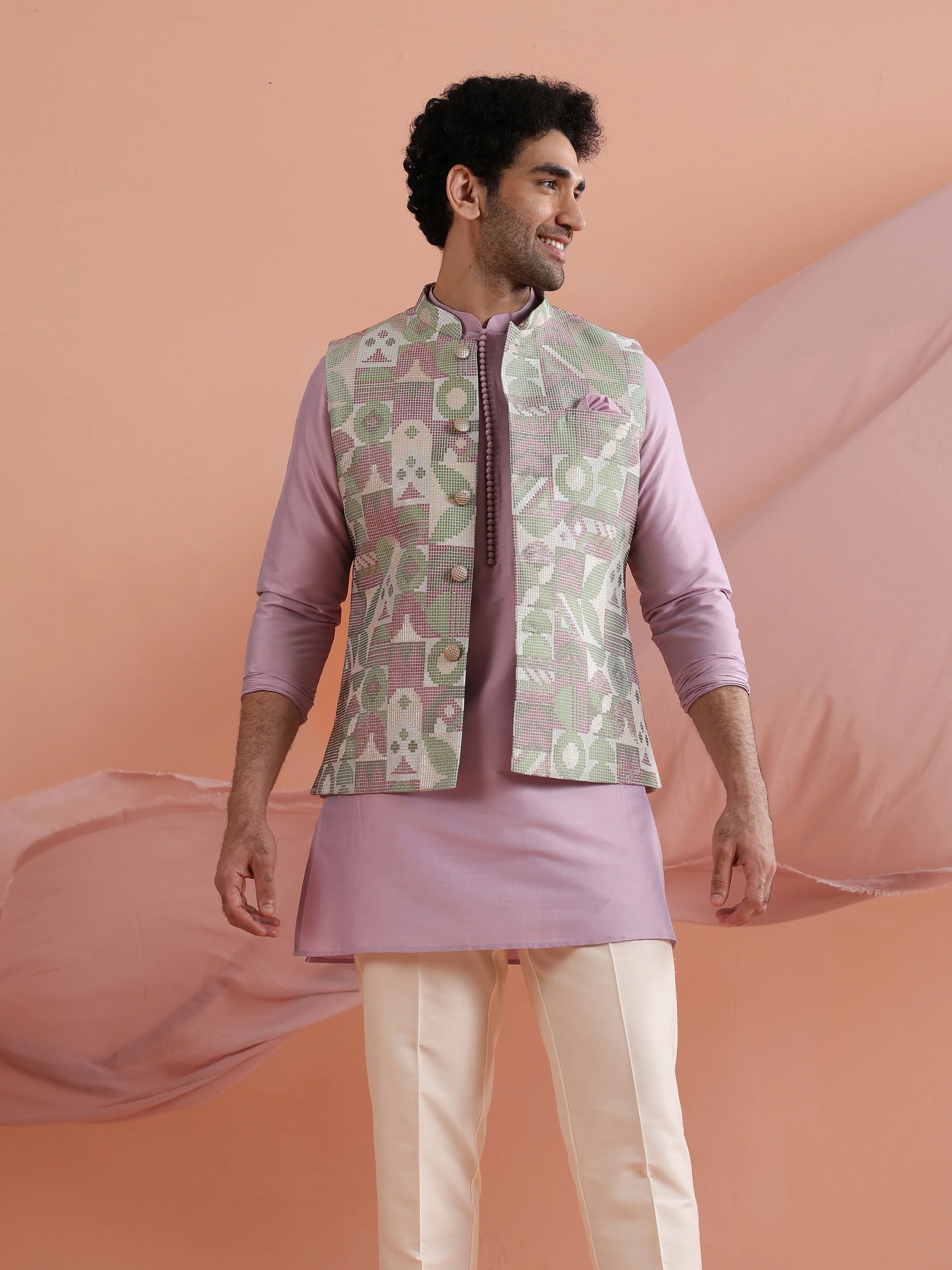 Lavender Silk Blend Kurta Jacket Set - Image 5