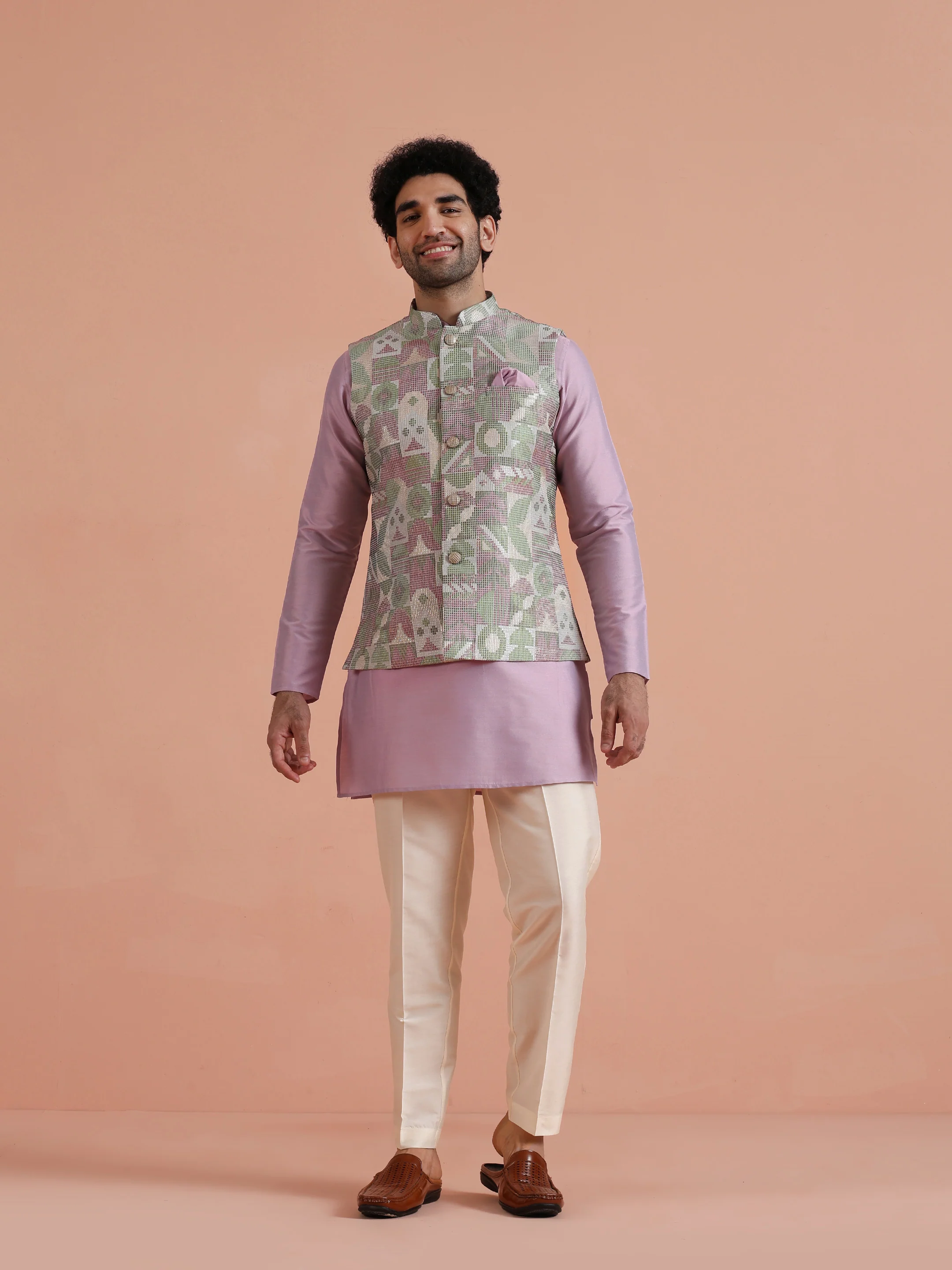 Lavender Silk Blend Kurta Jacket Set - Image 9