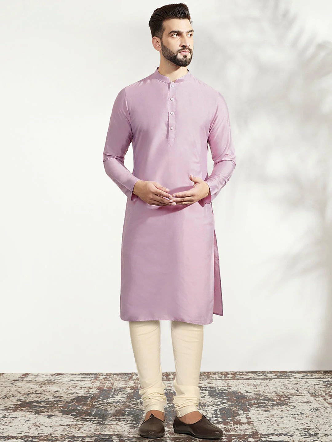 Lavender Silk Blend Kurta with Multicolor Printed Nehru Jacket Set - Image 5