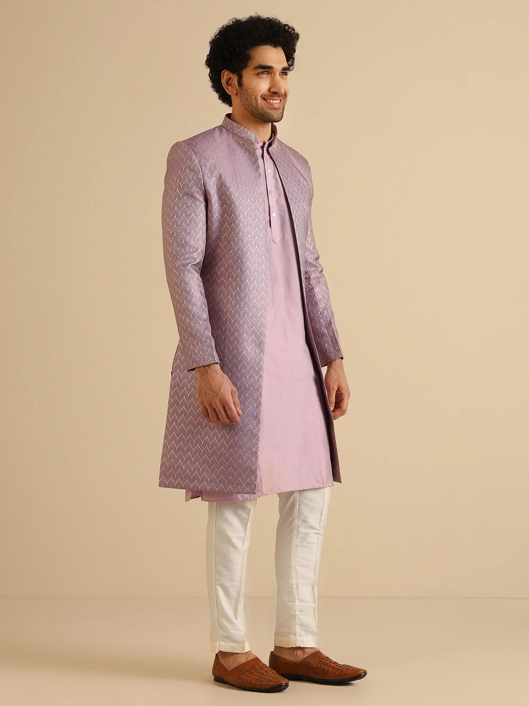 Lavender Silk Blend Metallic Front Open Sherwani Set - Image 3