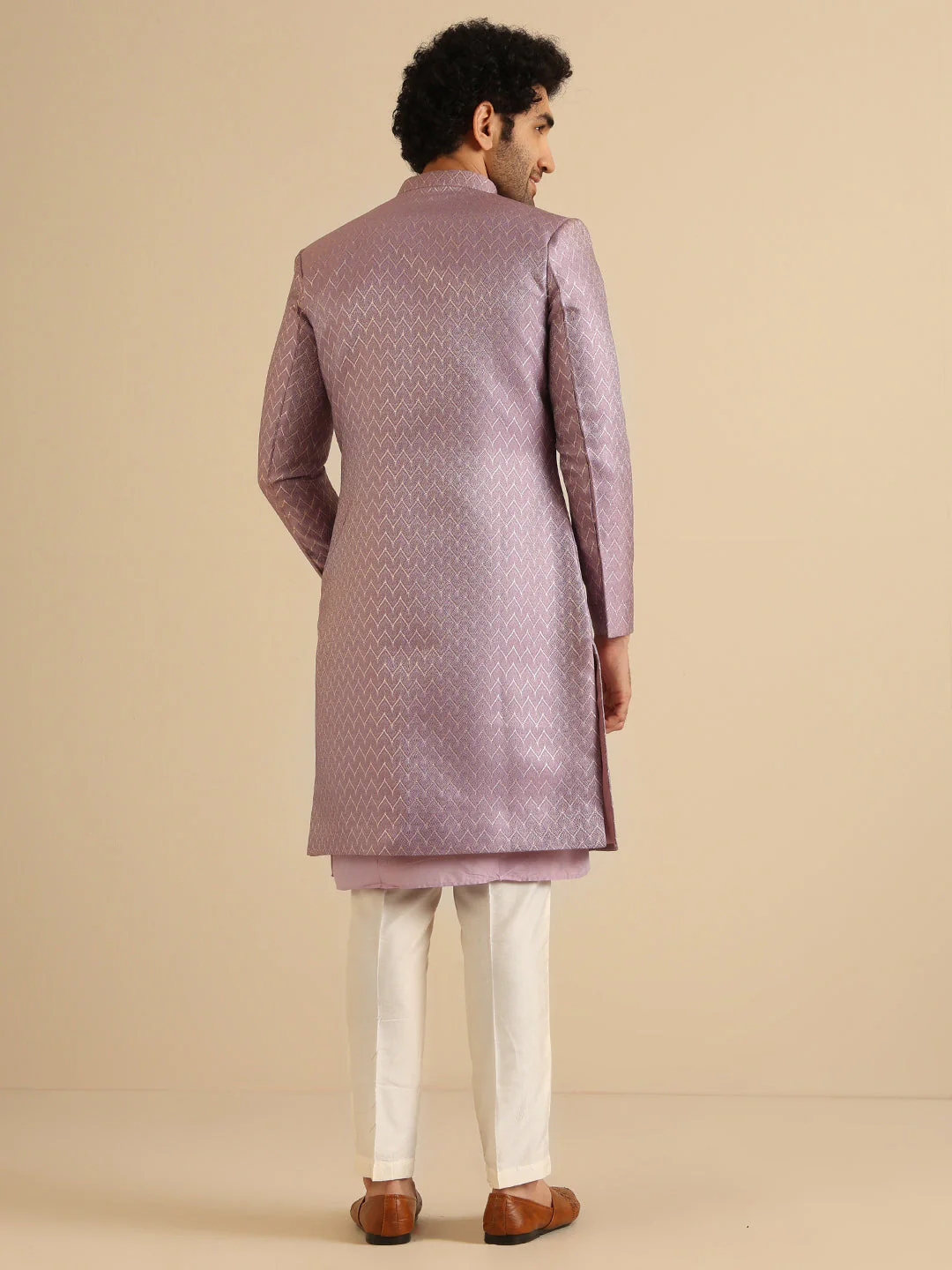 Lavender Silk Blend Metallic Front Open Sherwani Set - Image 4