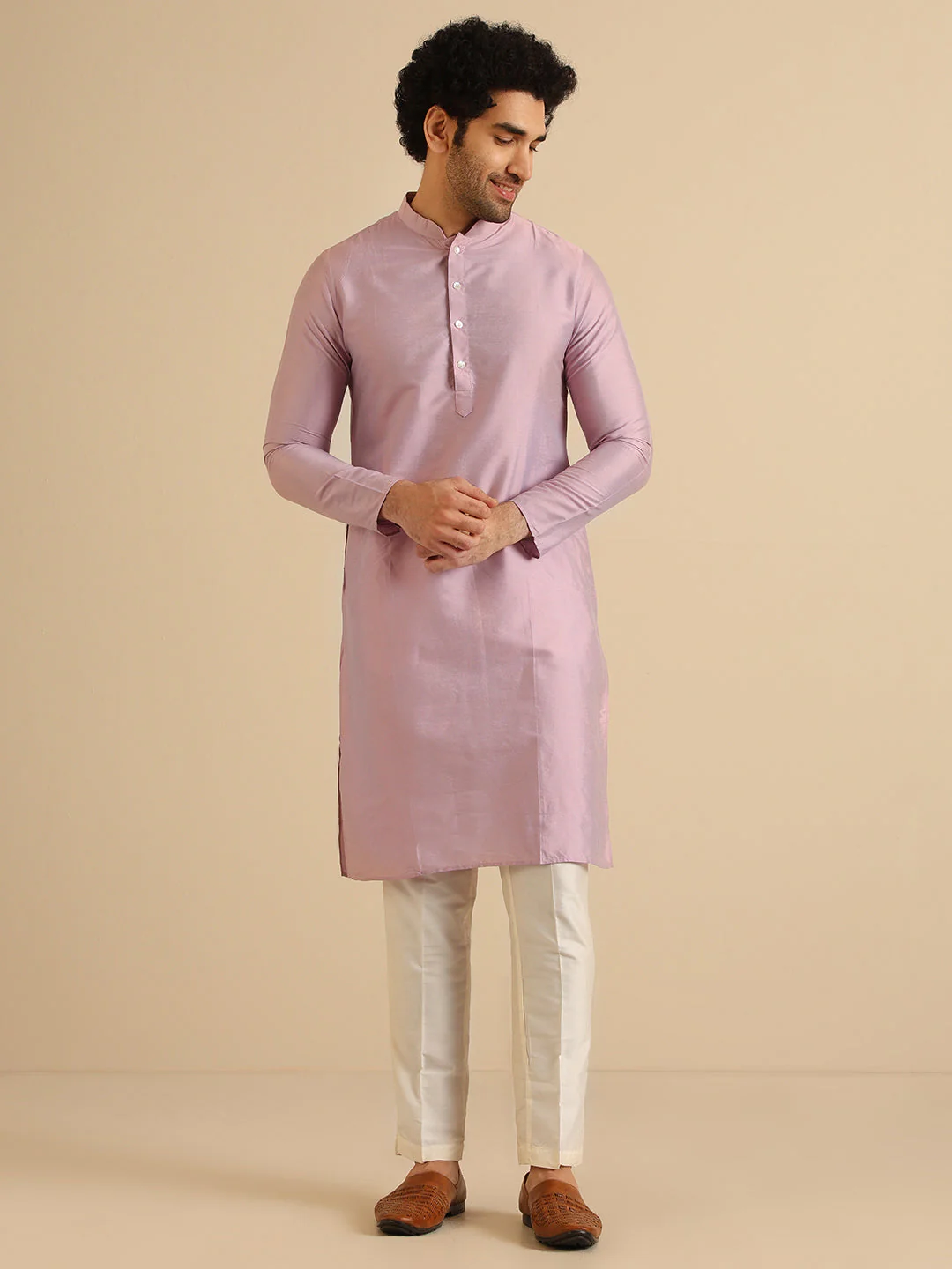 Lavender Silk Blend Metallic Front Open Sherwani Set - Image 5