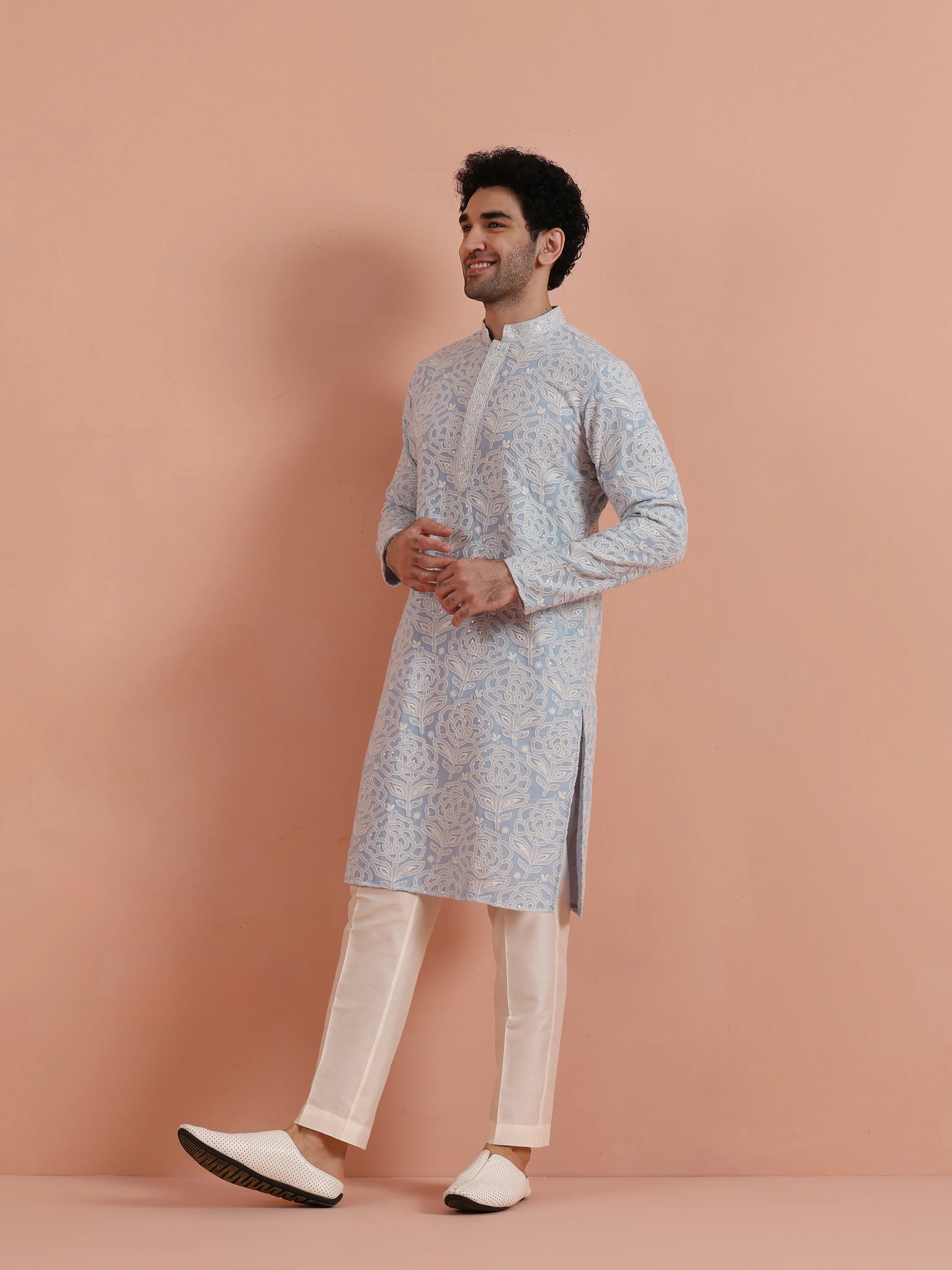 Light Blue Floral Embroidered Kurta - Image 2