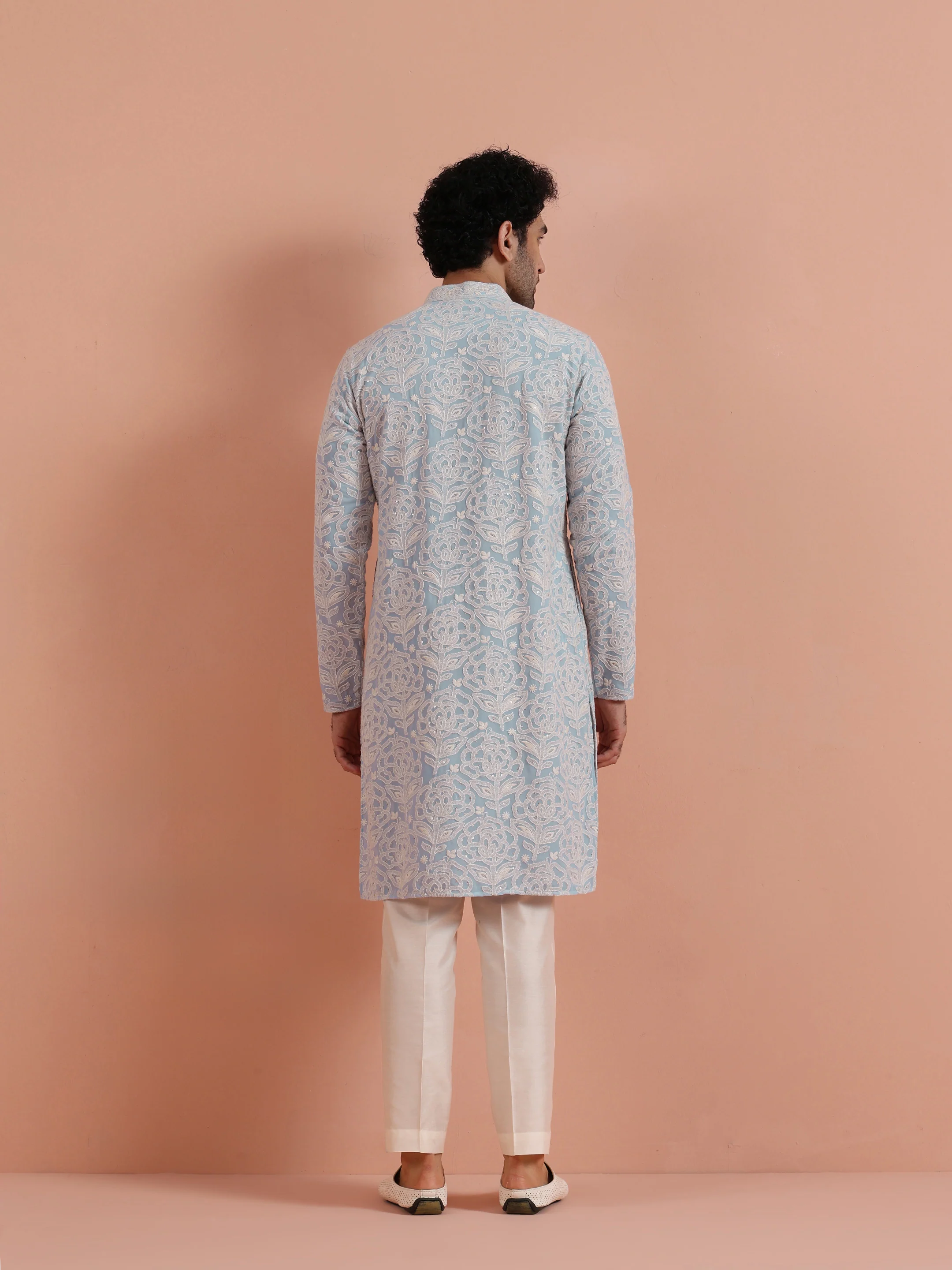 Light Blue Floral Embroidered Kurta - Image 4