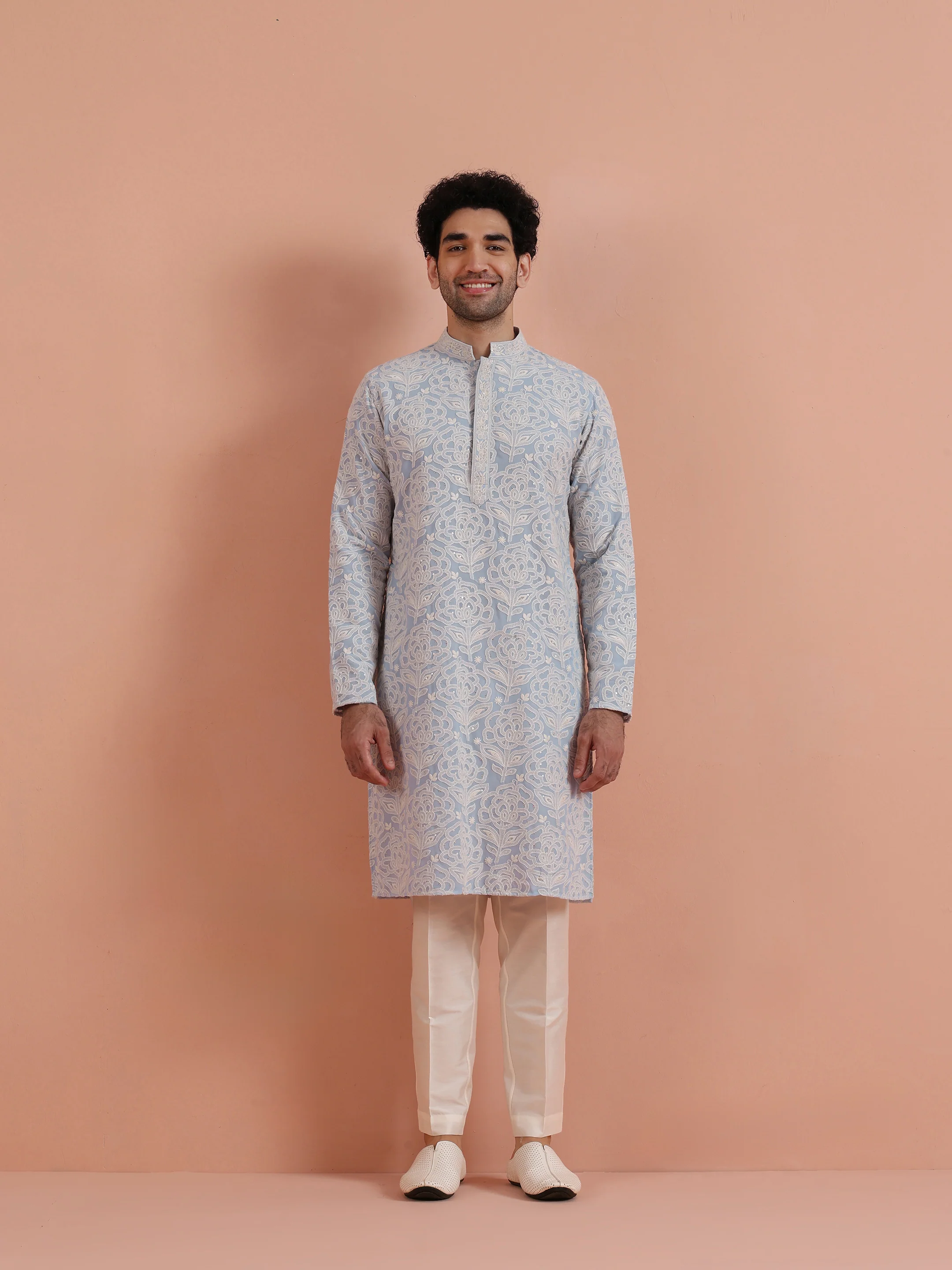 Light Blue Floral Embroidered Kurta - Image 7