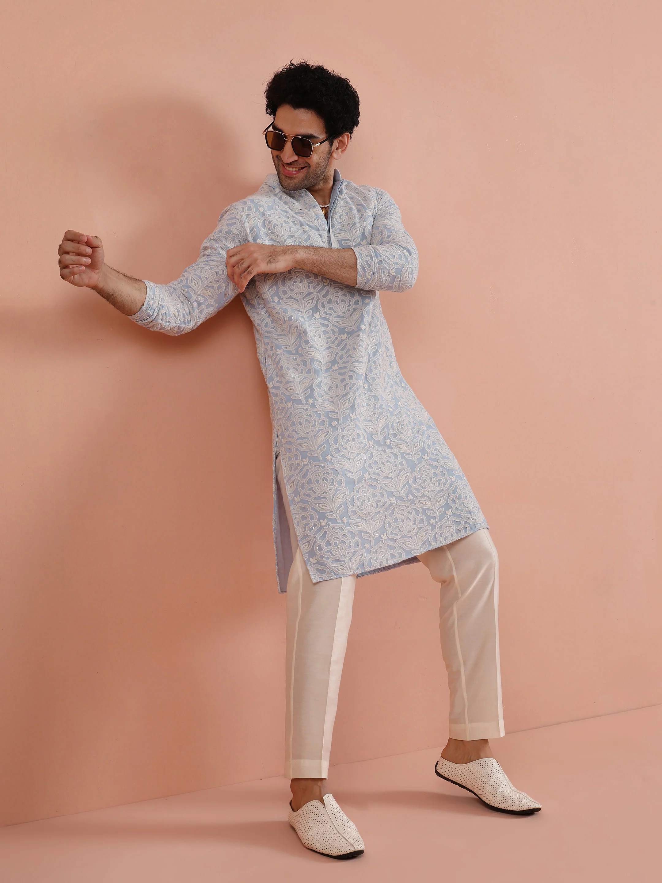 Light Blue Floral Embroidered Kurta - Image 8