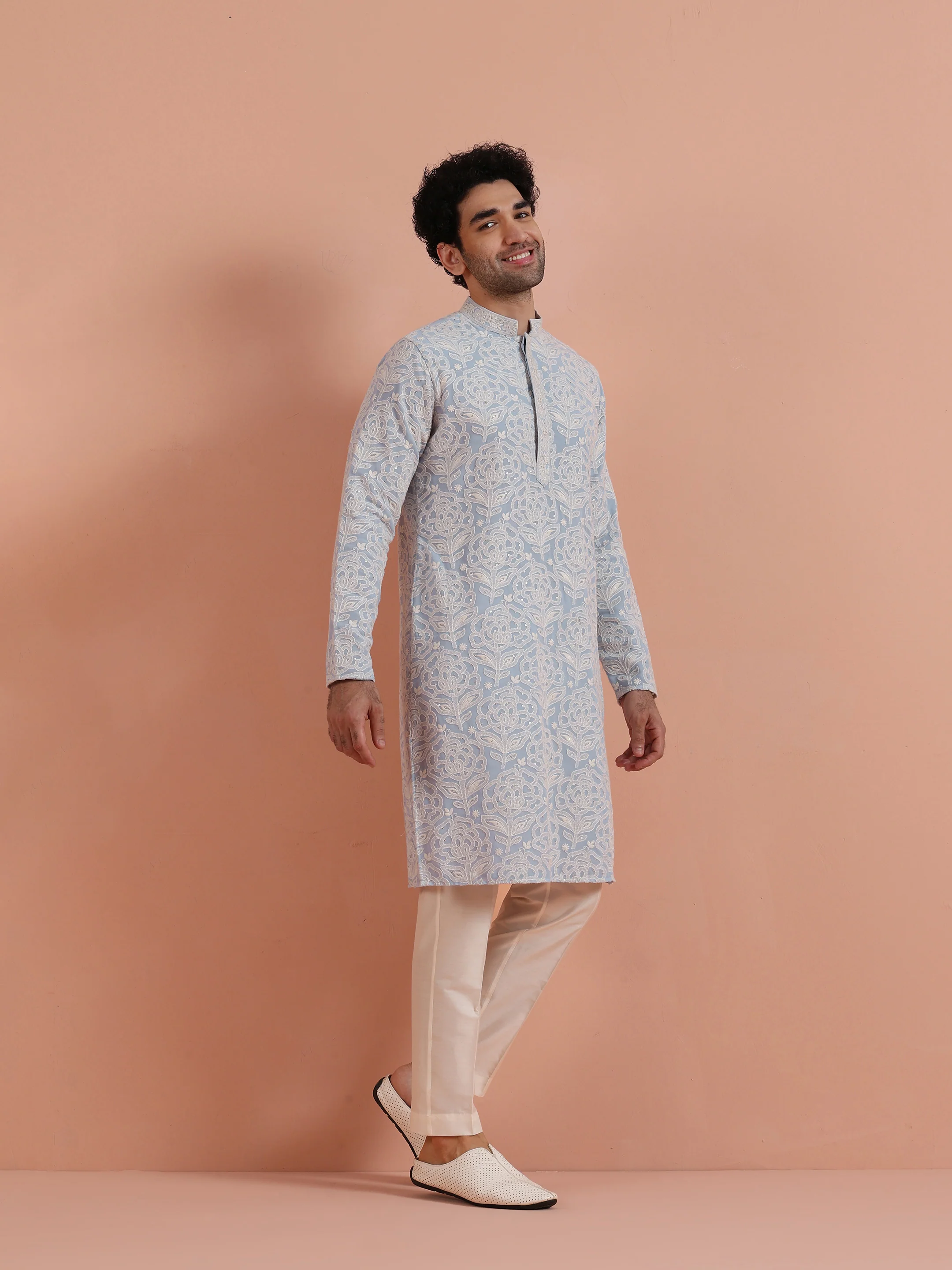 Light Blue Floral Embroidered Kurta Set - Image 3