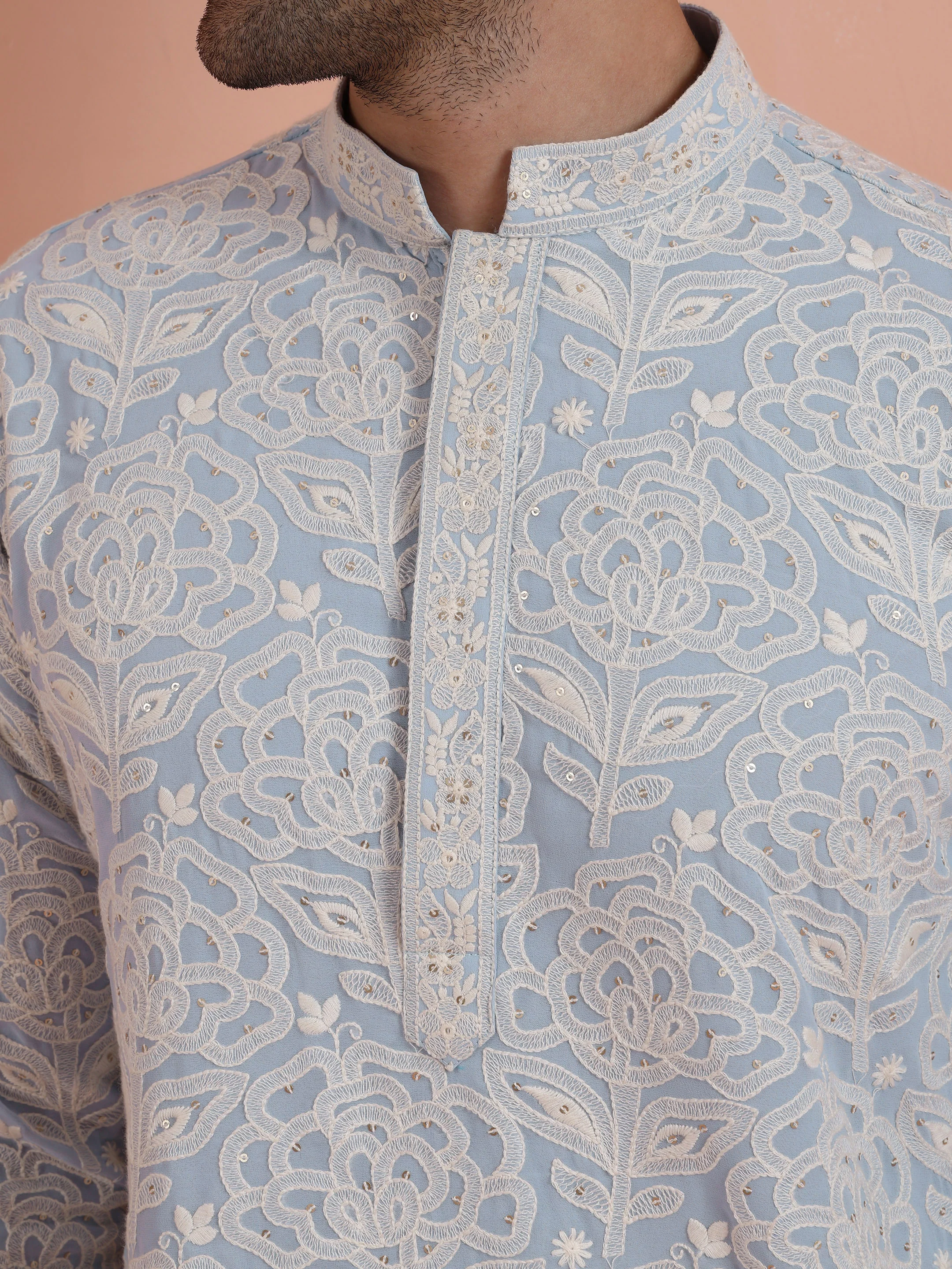 Light Blue Floral Embroidered Kurta Set - Image 5