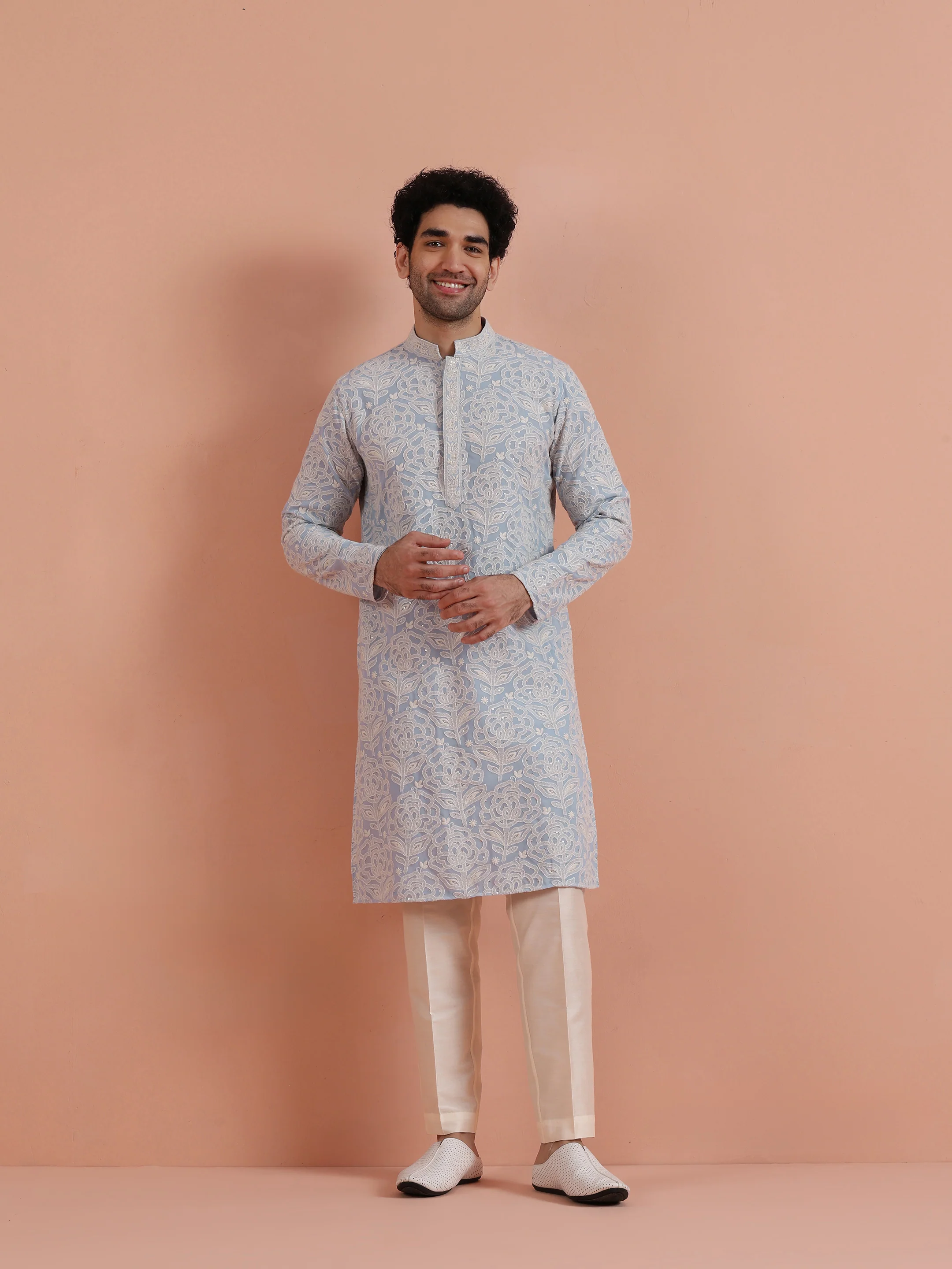 Light Blue Floral Embroidered Kurta Set - Image 7