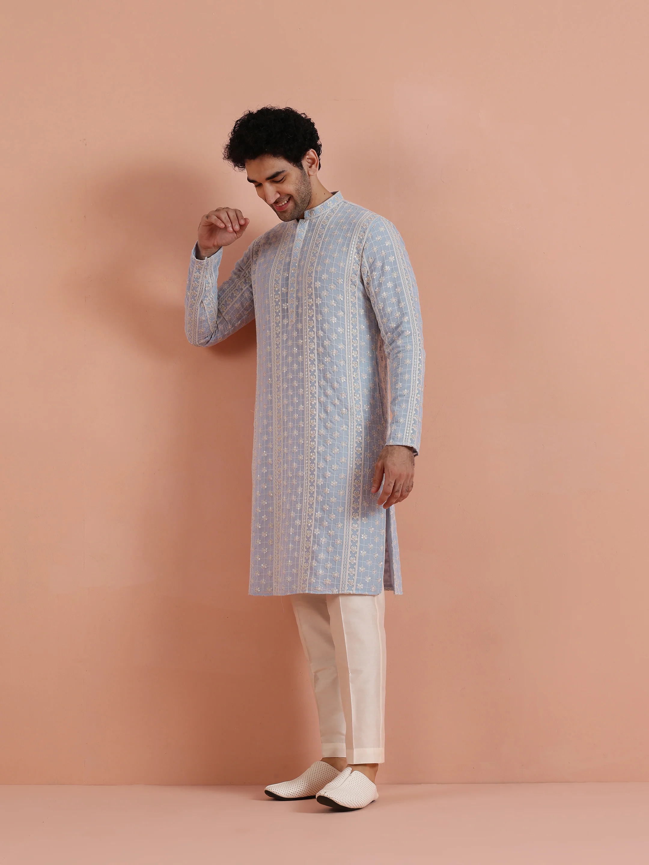 Light Blue Georgette Chikankari Embroidered Kurta - Image 2