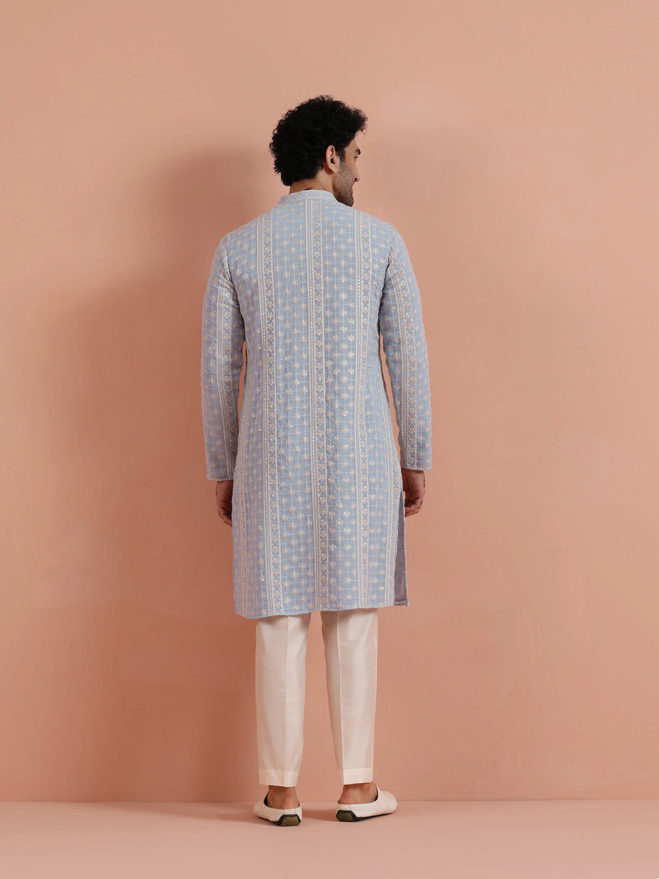 Light Blue Georgette Chikankari Embroidered Kurta - Image 4