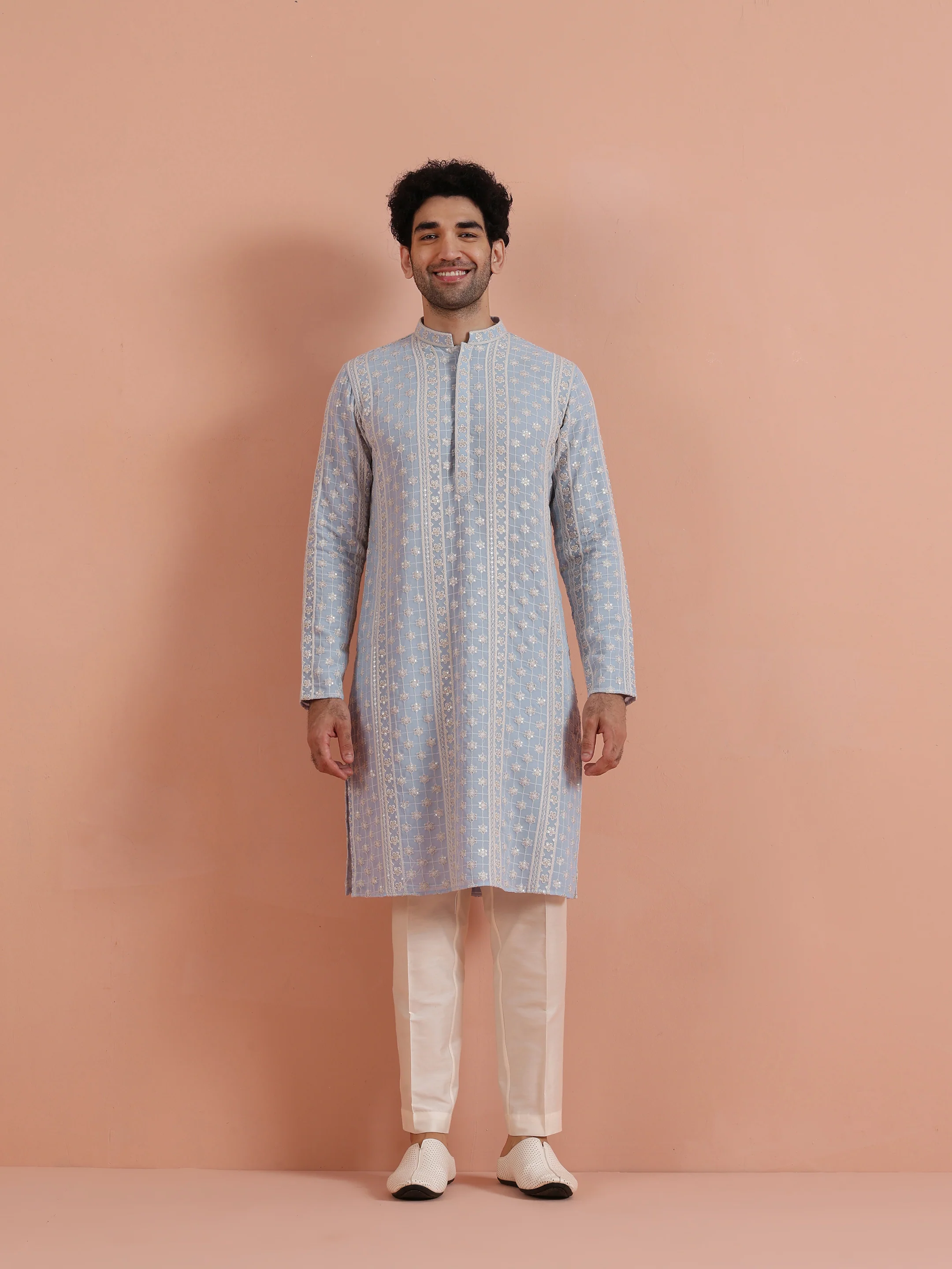 Light Blue Georgette Chikankari Embroidered Kurta - Image 7
