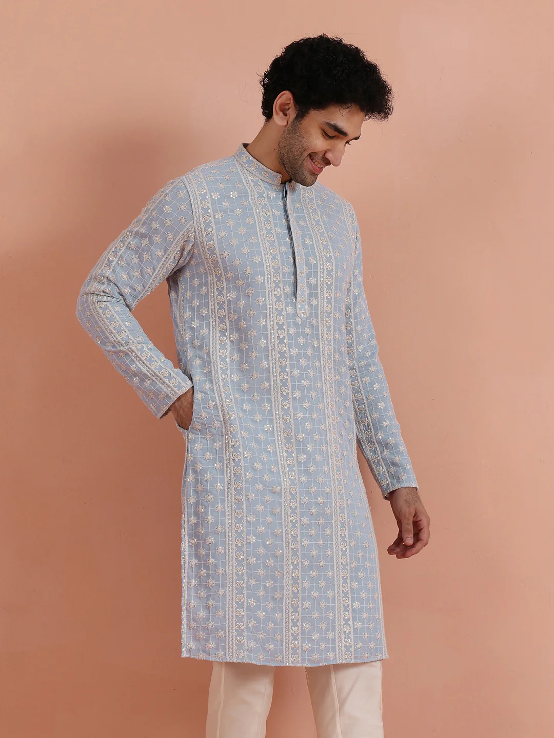Light Blue Georgette Chikankari Embroidered Kurta - Image 8