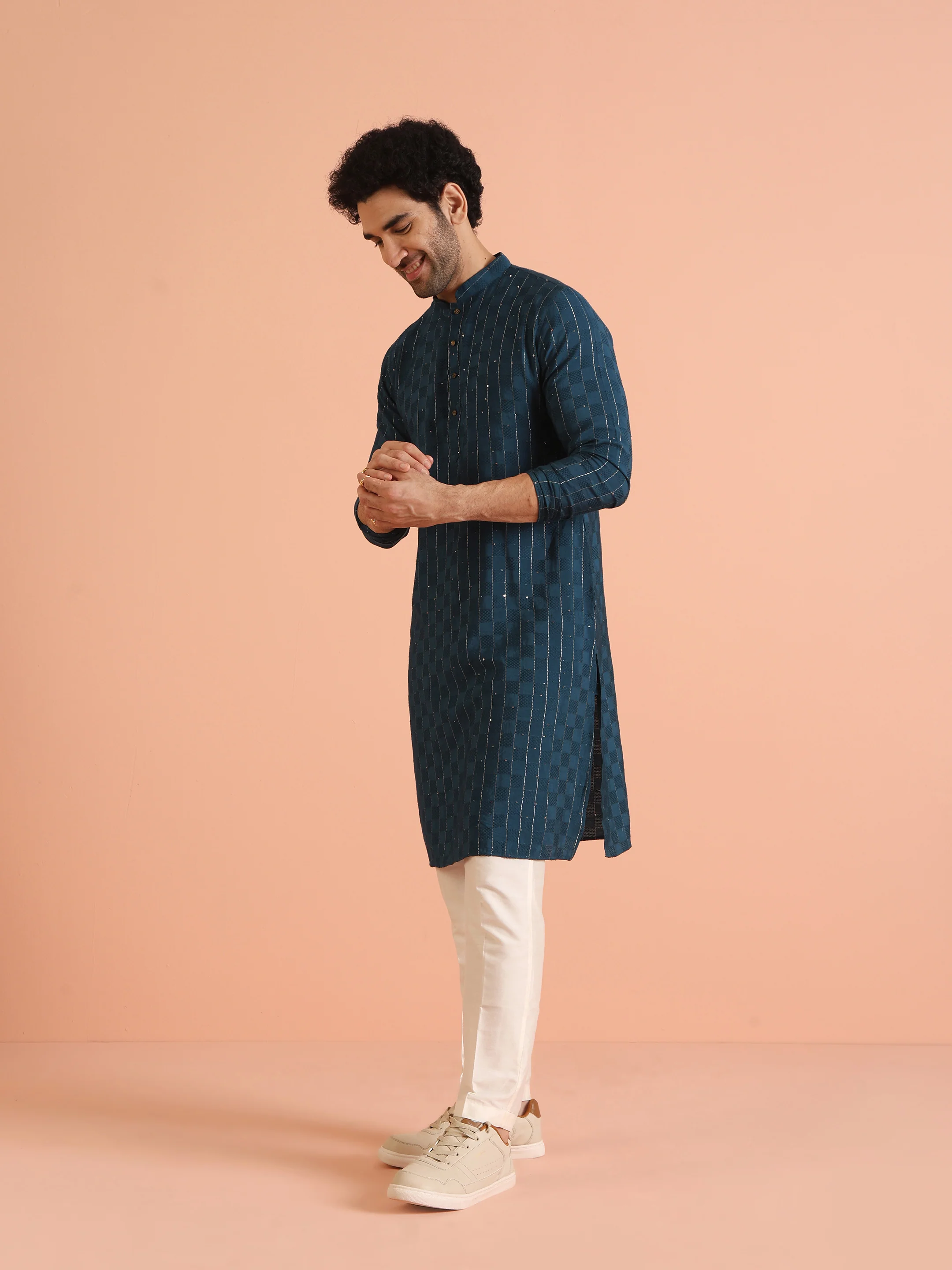 Light Blue Silk Blend Textured Long Kurta - Image 2