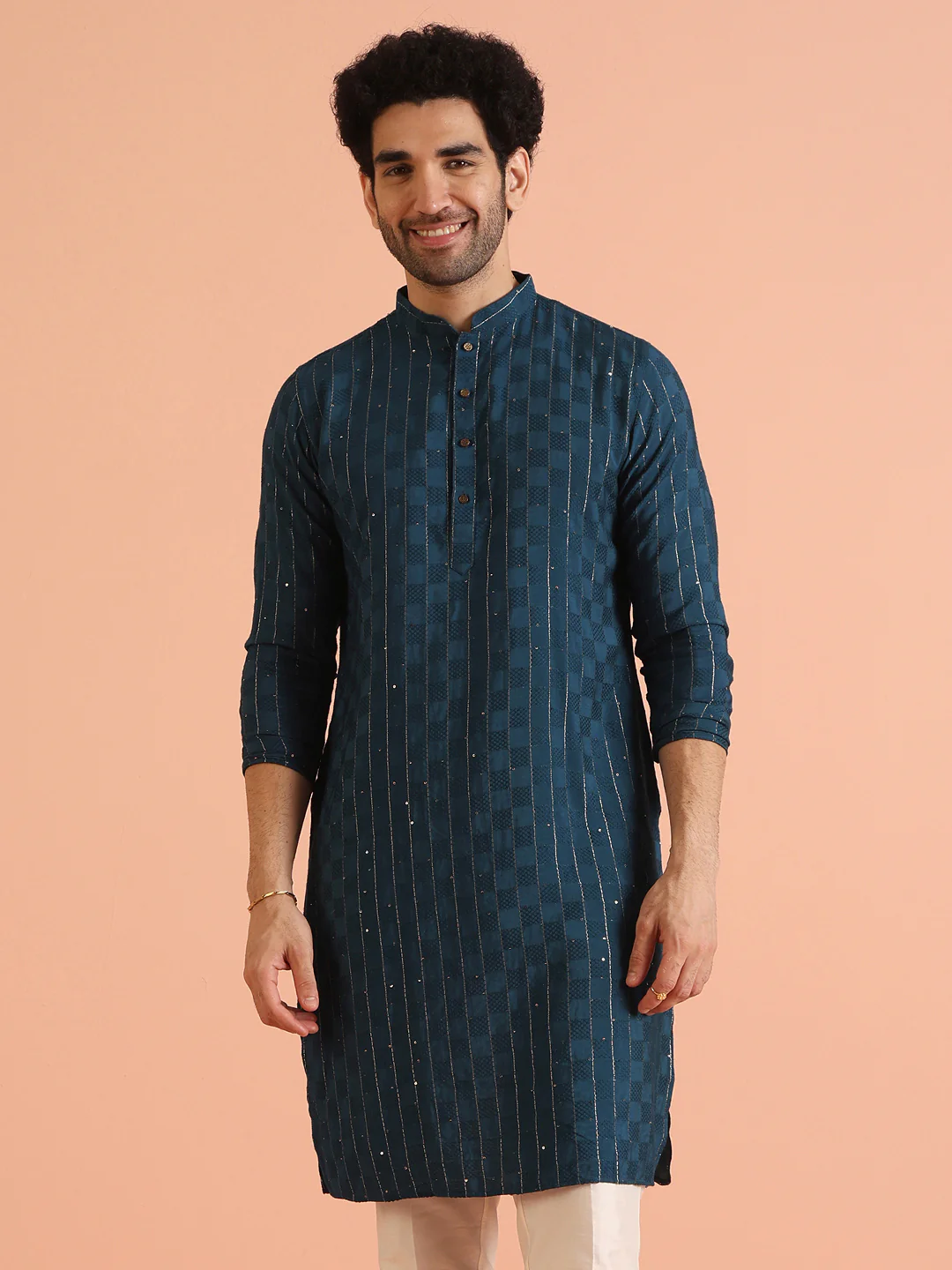 Light Blue Silk Blend Textured Long Kurta - Image 7