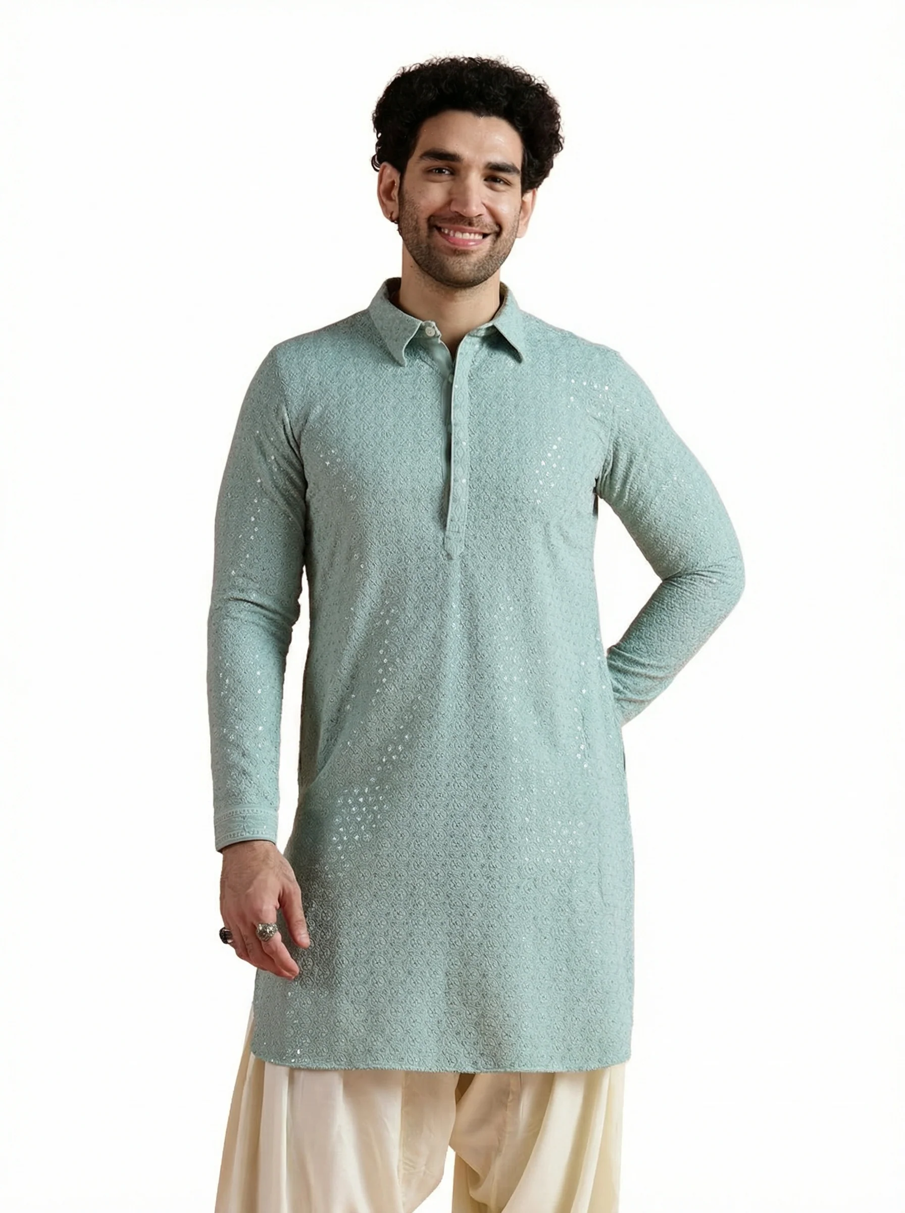 Green Viscose Embroidered Pathani Kurta - Image 11