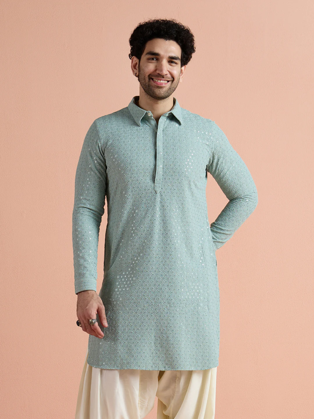 Green Viscose Embroidered Pathani Kurta - Image 2