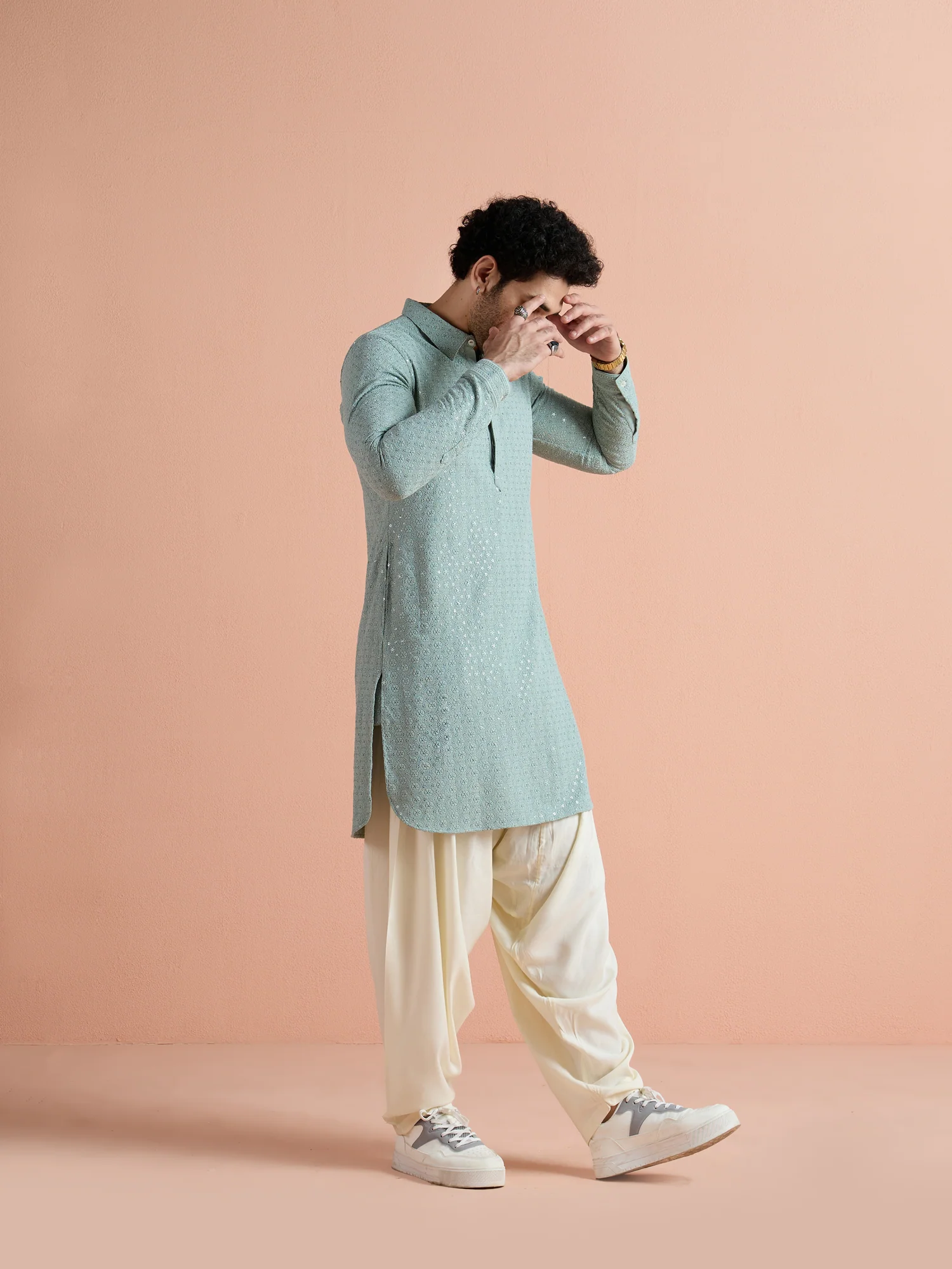 Green Viscose Embroidered Pathani Kurta - Image 3