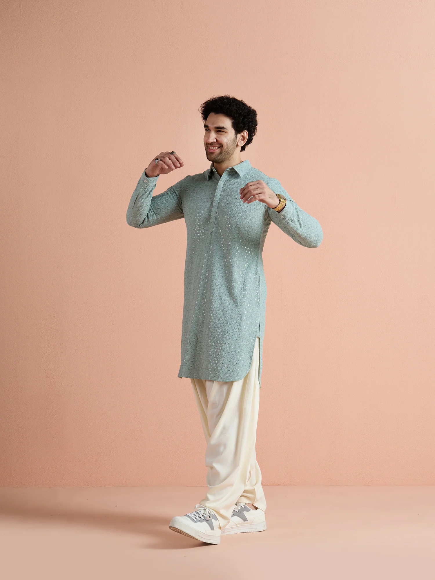 Green Viscose Embroidered Pathani Kurta - Image 4
