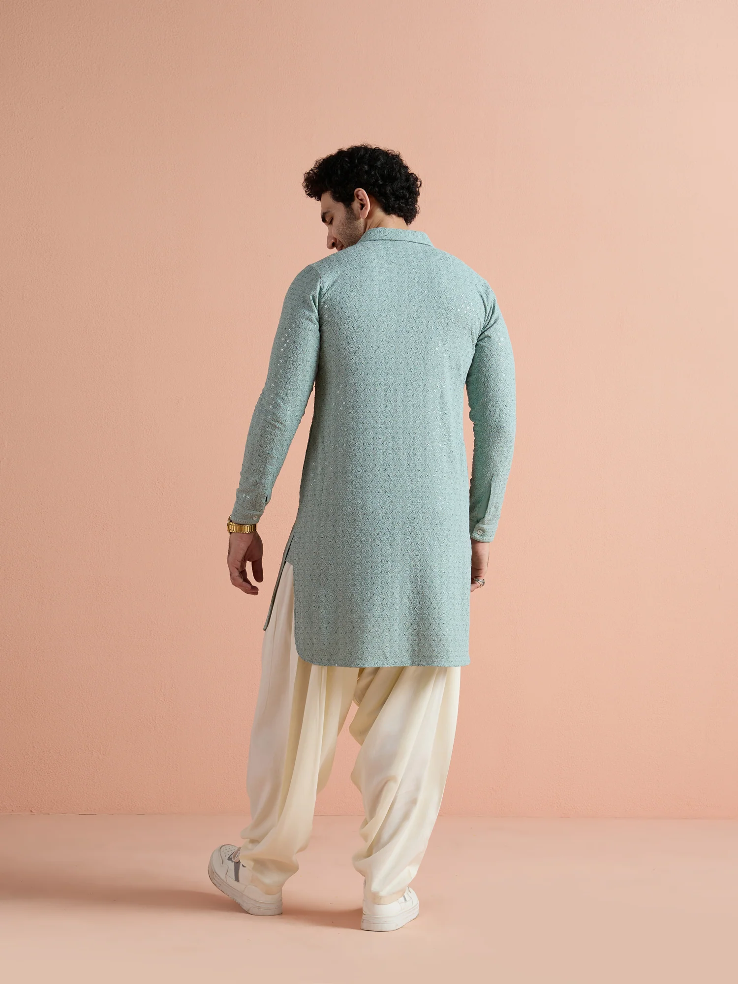 Green Viscose Embroidered Pathani Kurta - Image 5