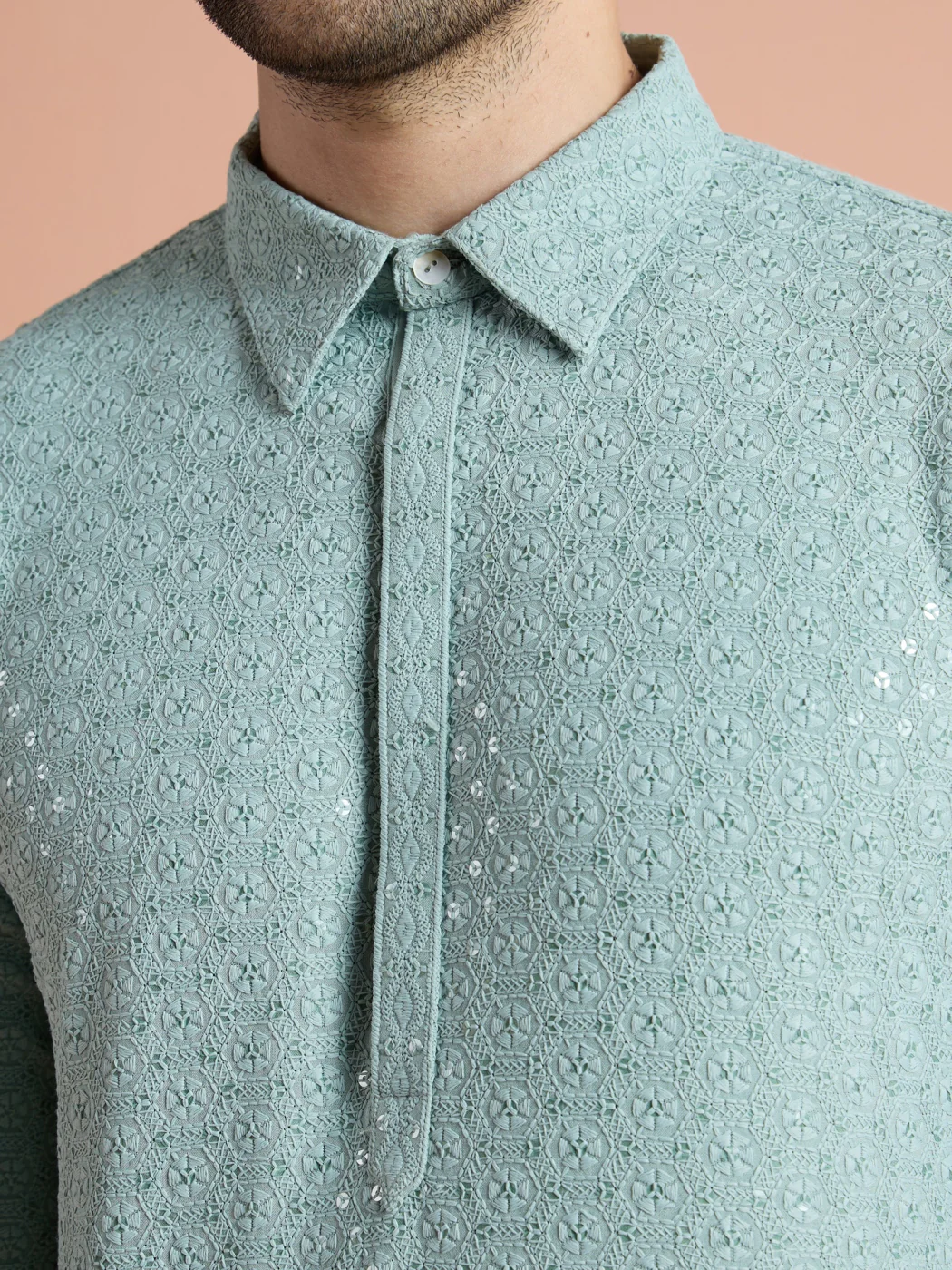 Green Viscose Embroidered Pathani Kurta - Image 7