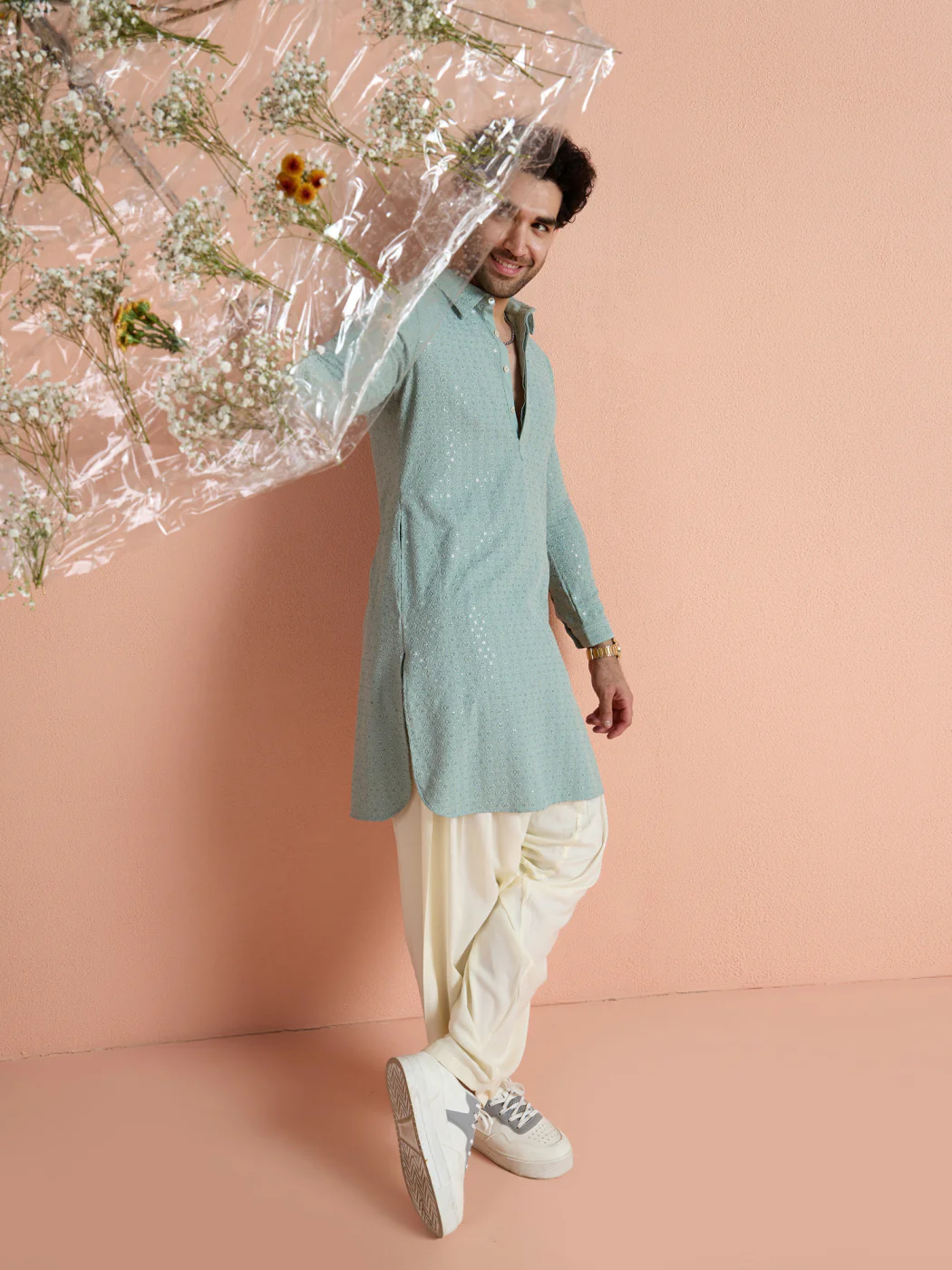 Green Viscose Embroidered Pathani Kurta - Image 9