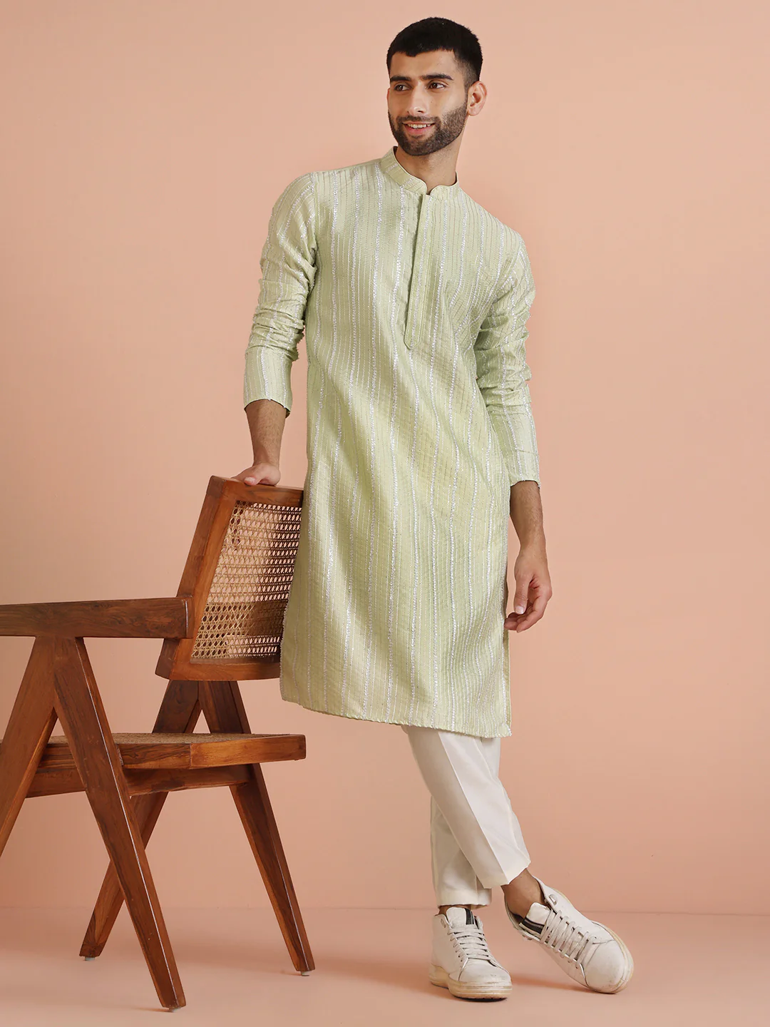 Light Green Cotton Blend Embroidered Kurta - Image 6