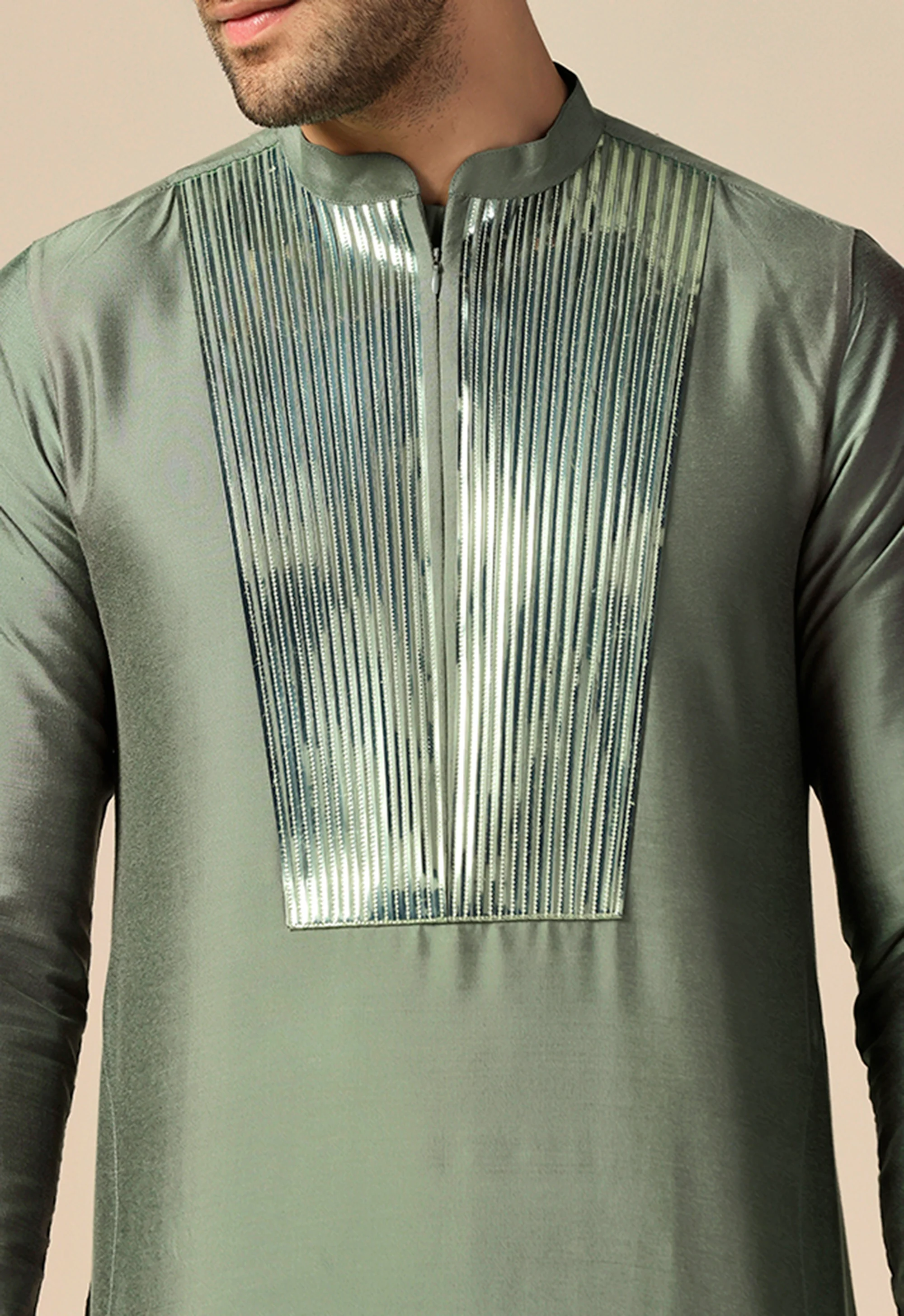 Light Green Silk Blend Embellished Long Kurta - Image 5