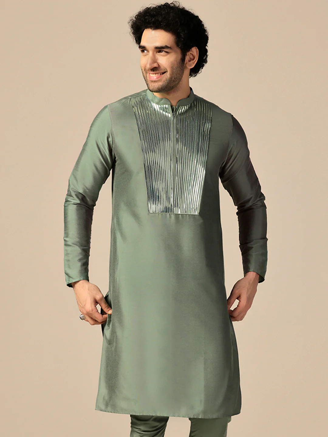 Light Green Silk Blend Embellished Long Kurta - Image 7