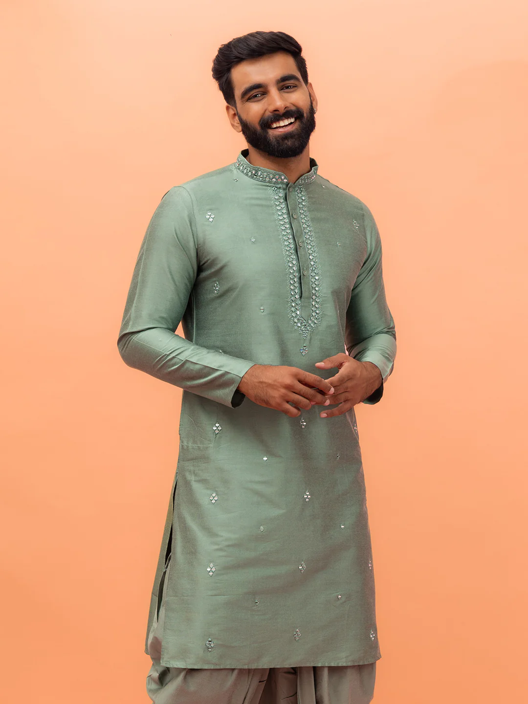 Light Green Silk Blend Mirror Work Kurta - Image 8