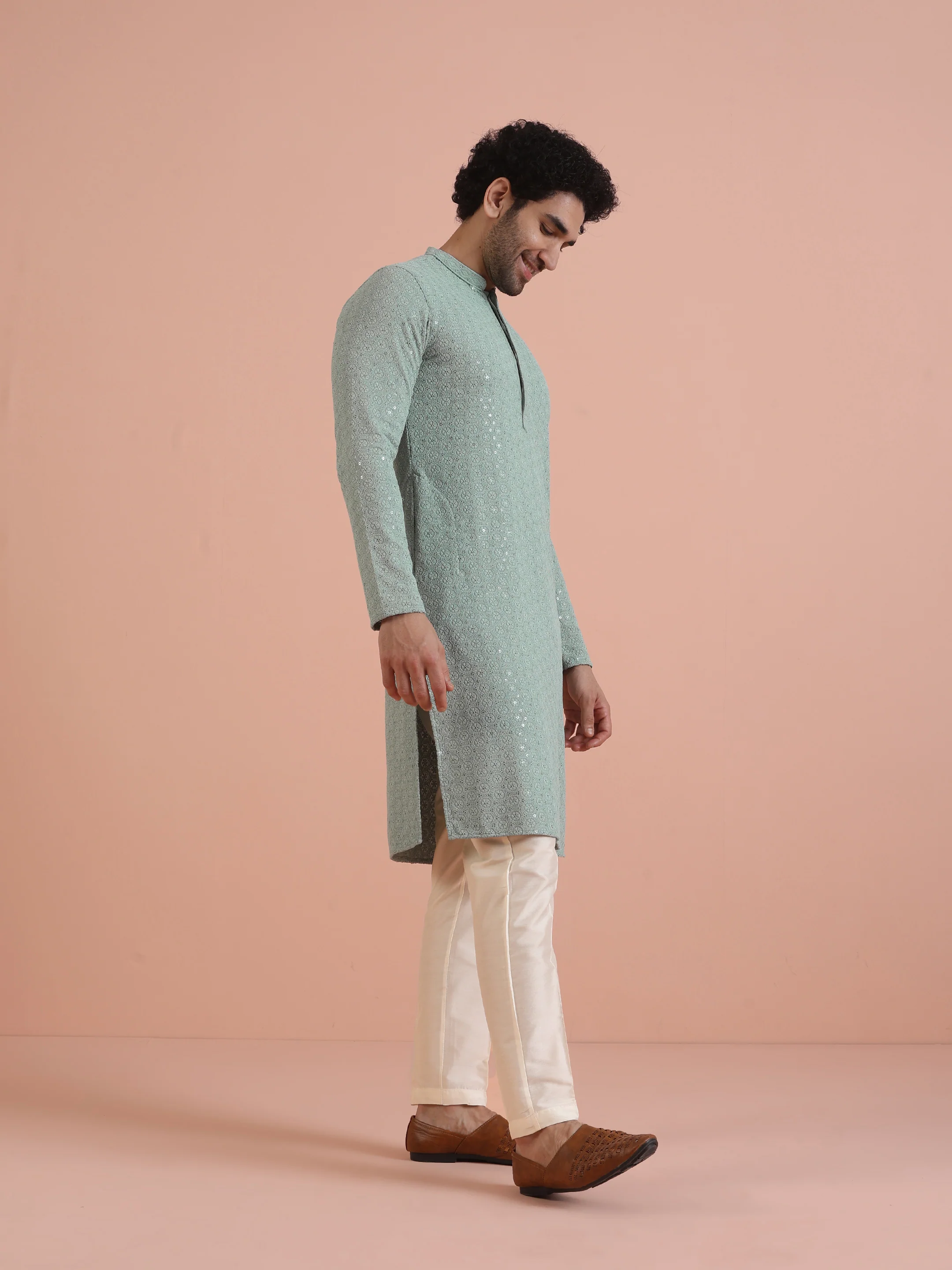 Light Green Silk Blend Schiffli Printed Long Kurta - Image 2