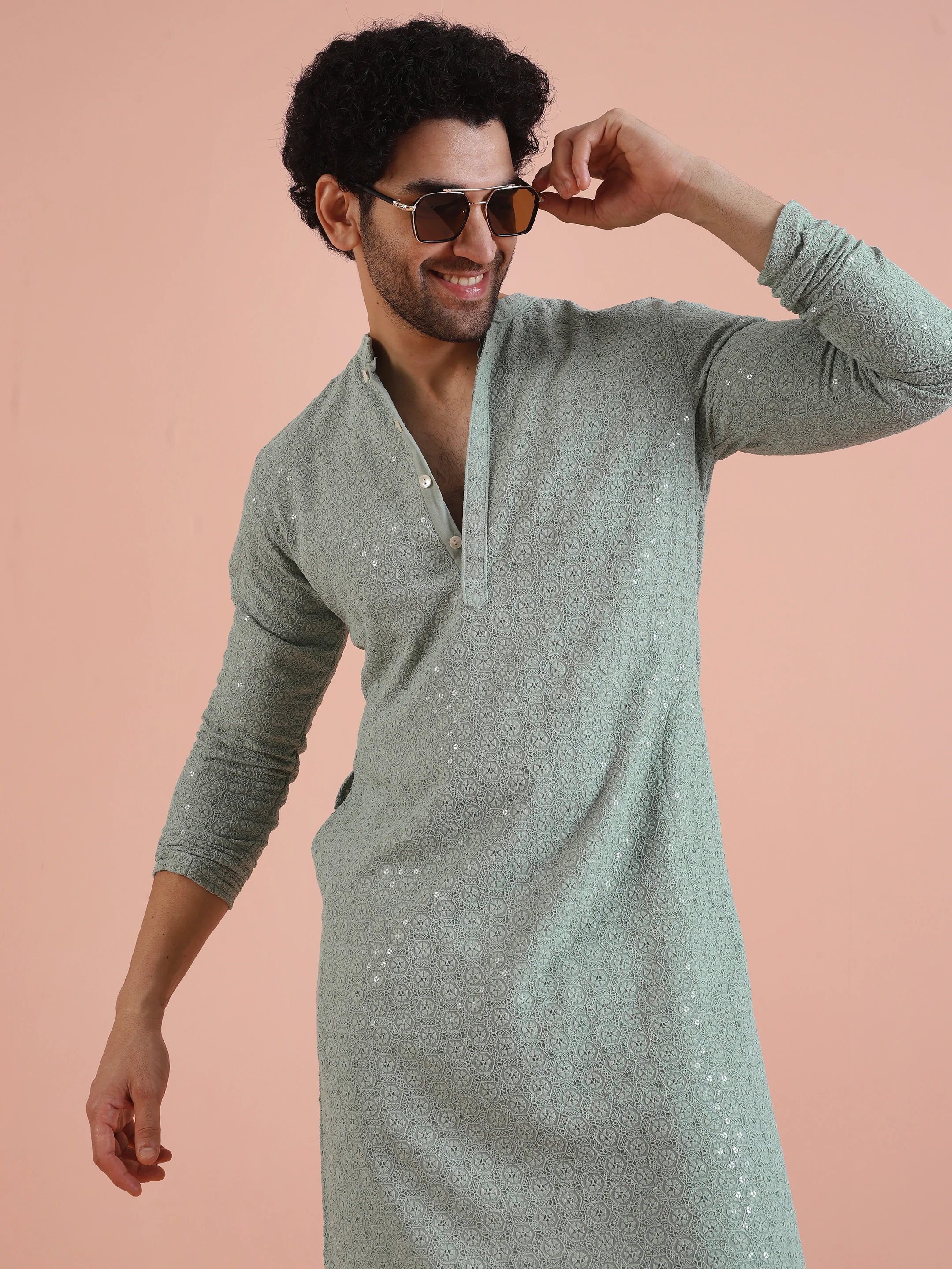 Light Green Silk Blend Schiffli Printed Long Kurta - Image 6
