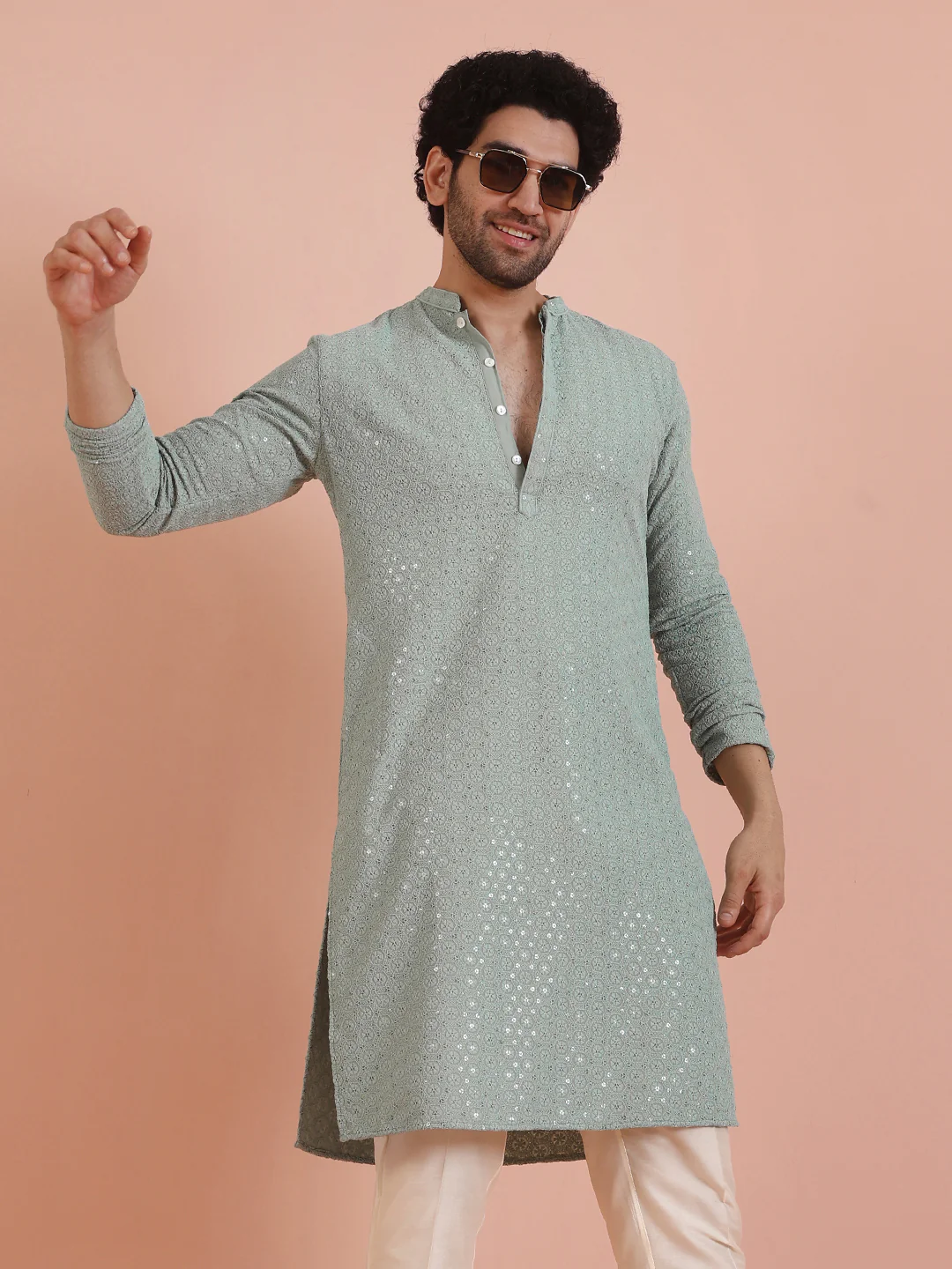 Light Green Silk Blend Schiffli Printed Long Kurta - Image 8