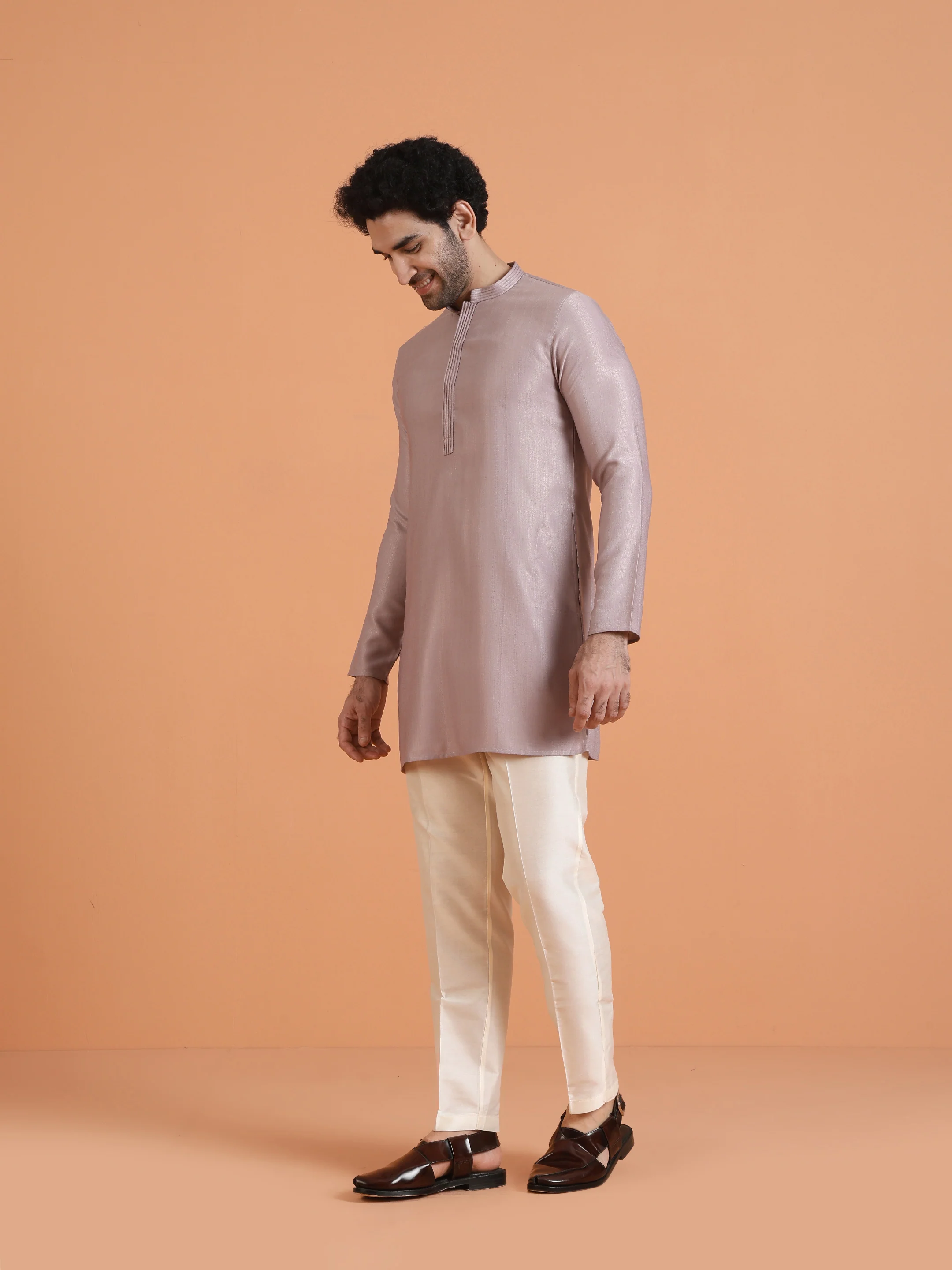 Light Lavender Textured Kurta Set with Cream Trousers â€“ Elegant Festive Wear - Image 3