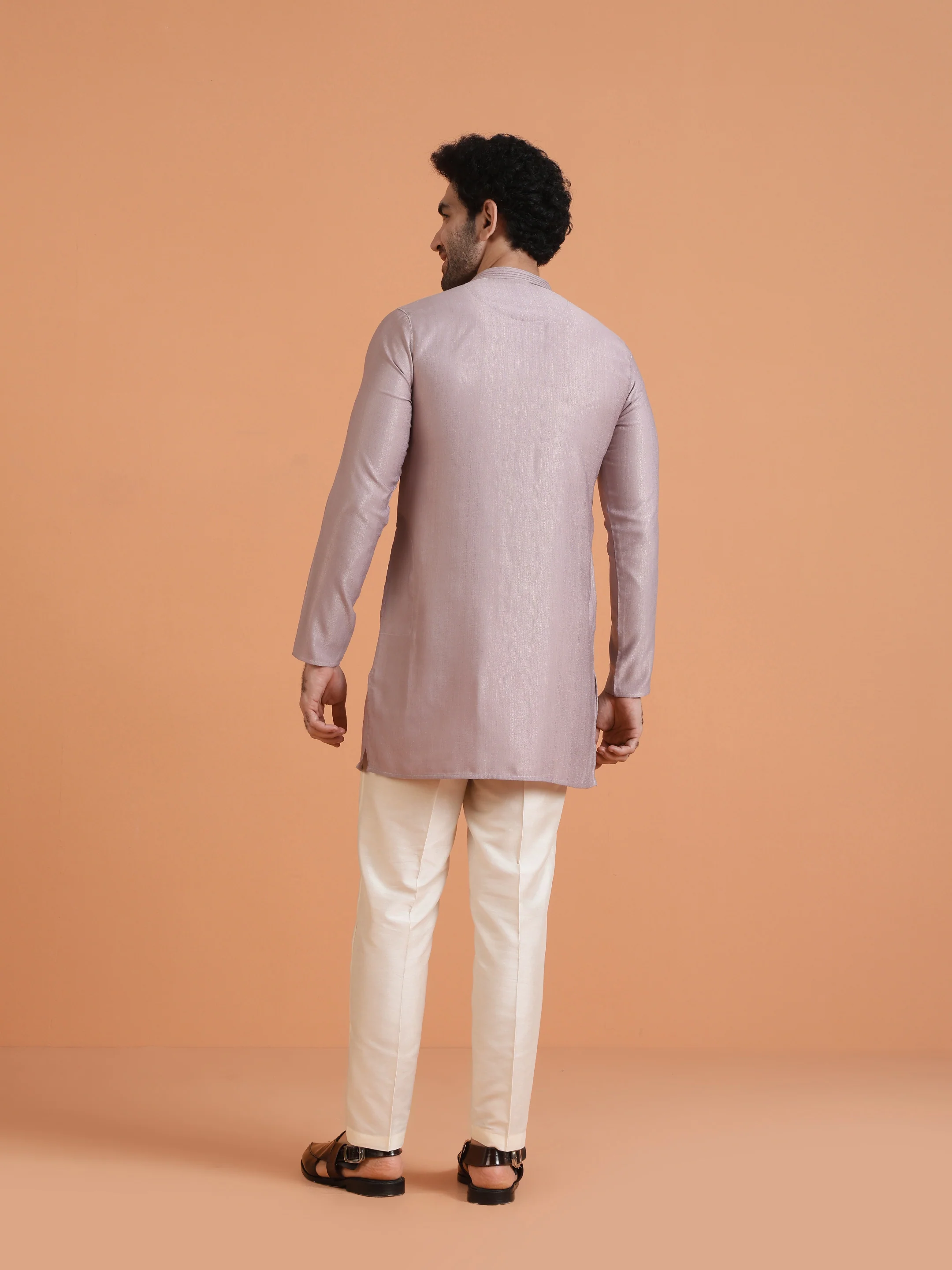 Light Lavender Textured Kurta Set with Cream Trousers â€“ Elegant Festive Wear - Image 4