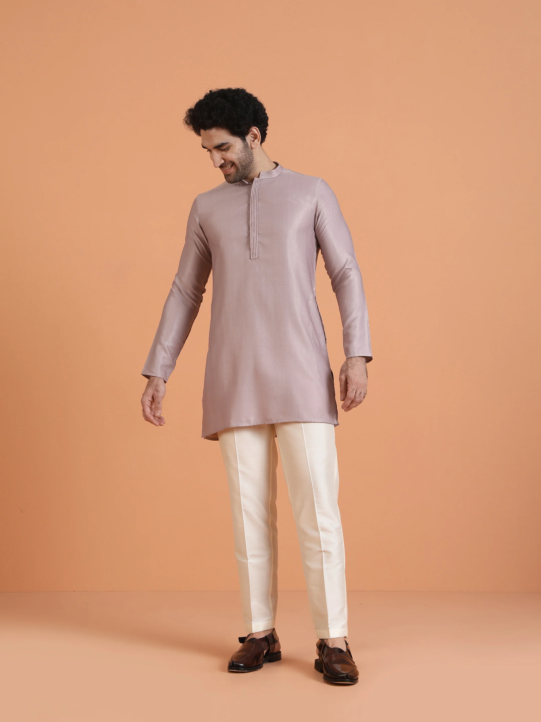 Light Lavender Textured Kurta Set with Cream Trousers â€“ Elegant Festive Wear - Image 7