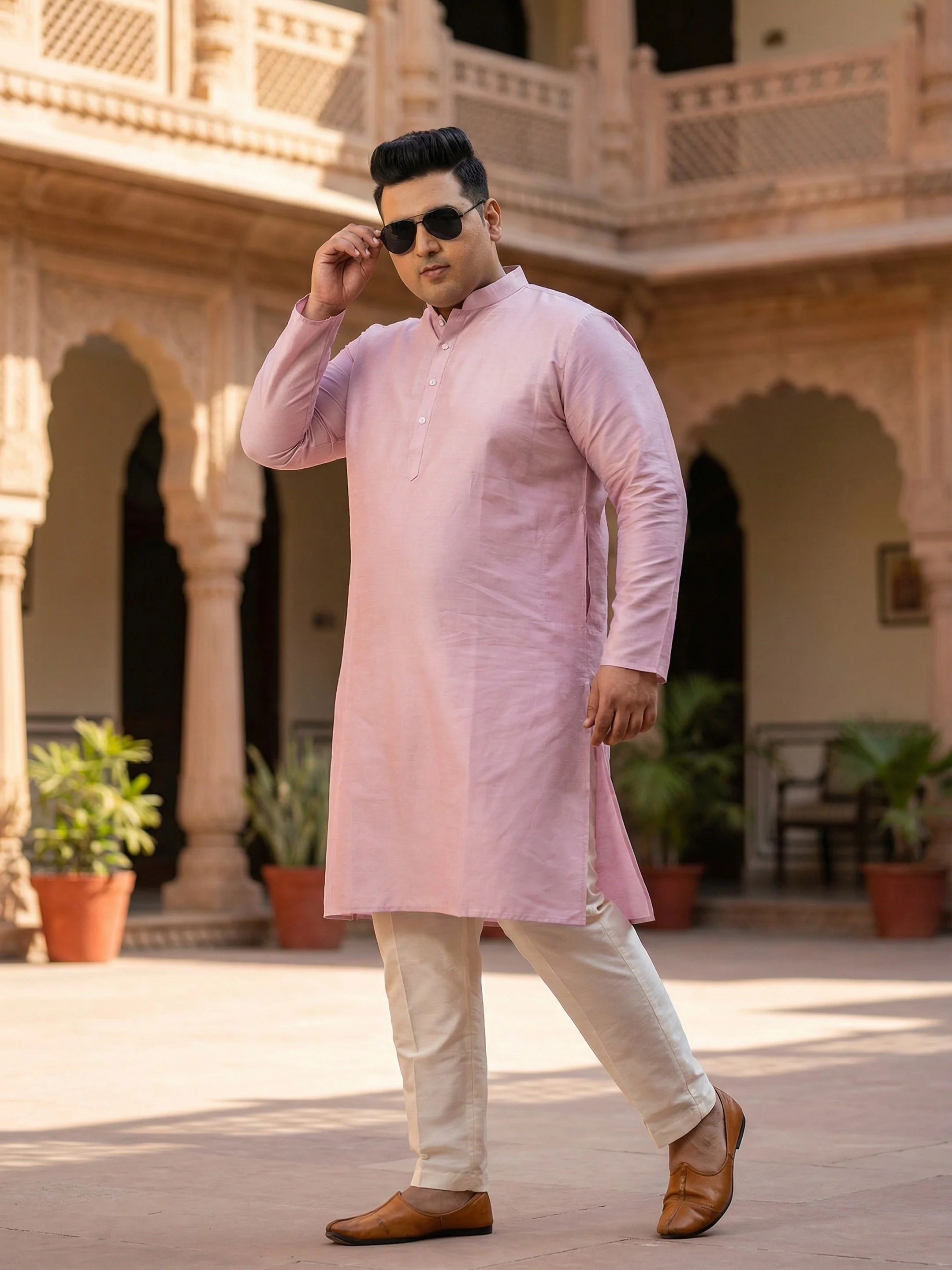 Light Pink Cotton Silk Plain Kurta - Image 5