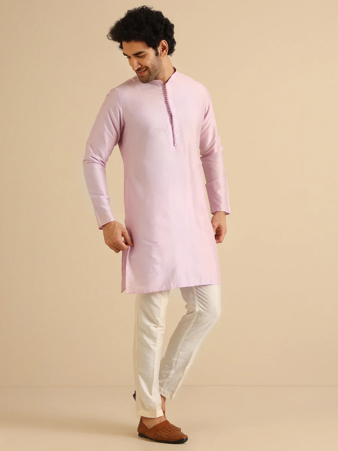 Light Pink Silk Blend Solid Kurta Trouser Set - Image 2