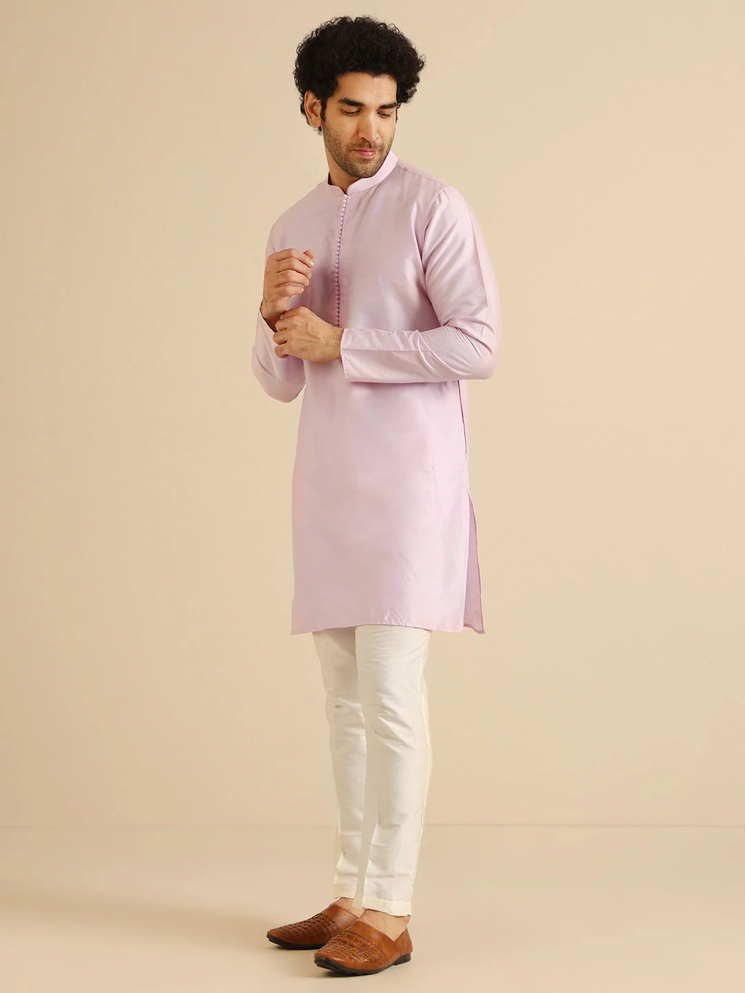 Light Pink Silk Blend Solid Kurta Trouser Set - Image 3
