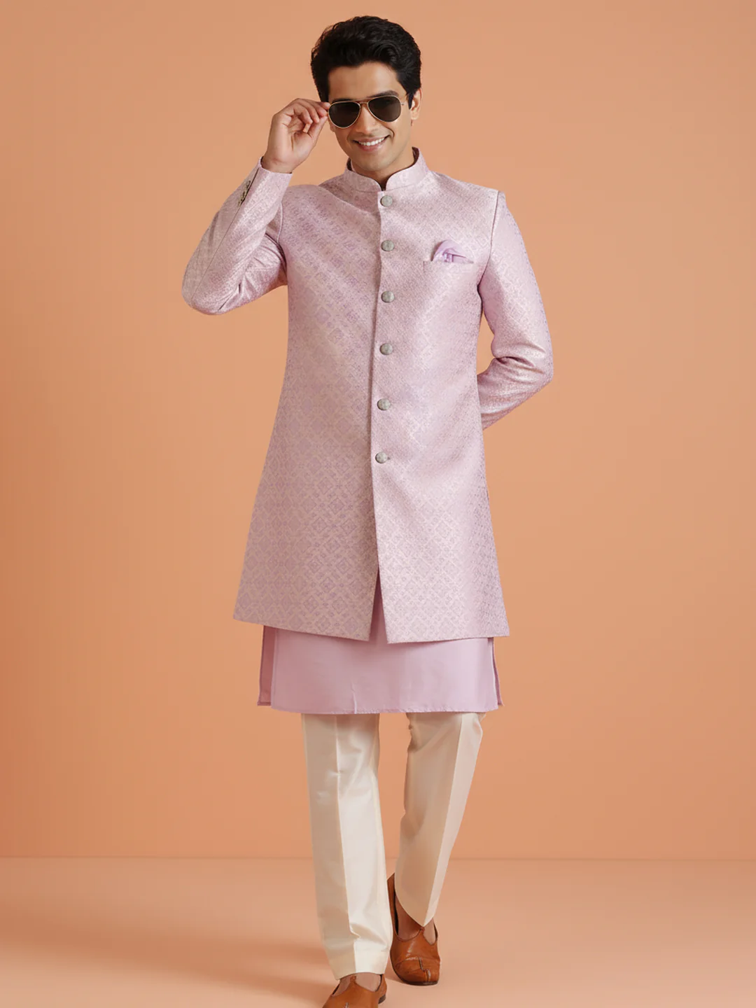 Lilac Brocade Kurta Sherwani Trouser Set