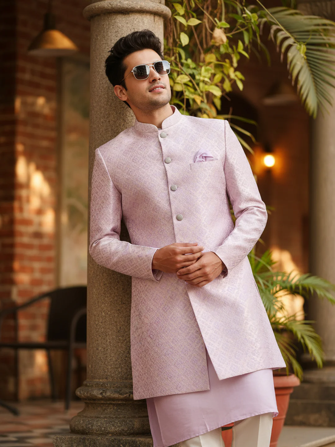Lilac Brocade Kurta Sherwani Trouser Set - Image 2