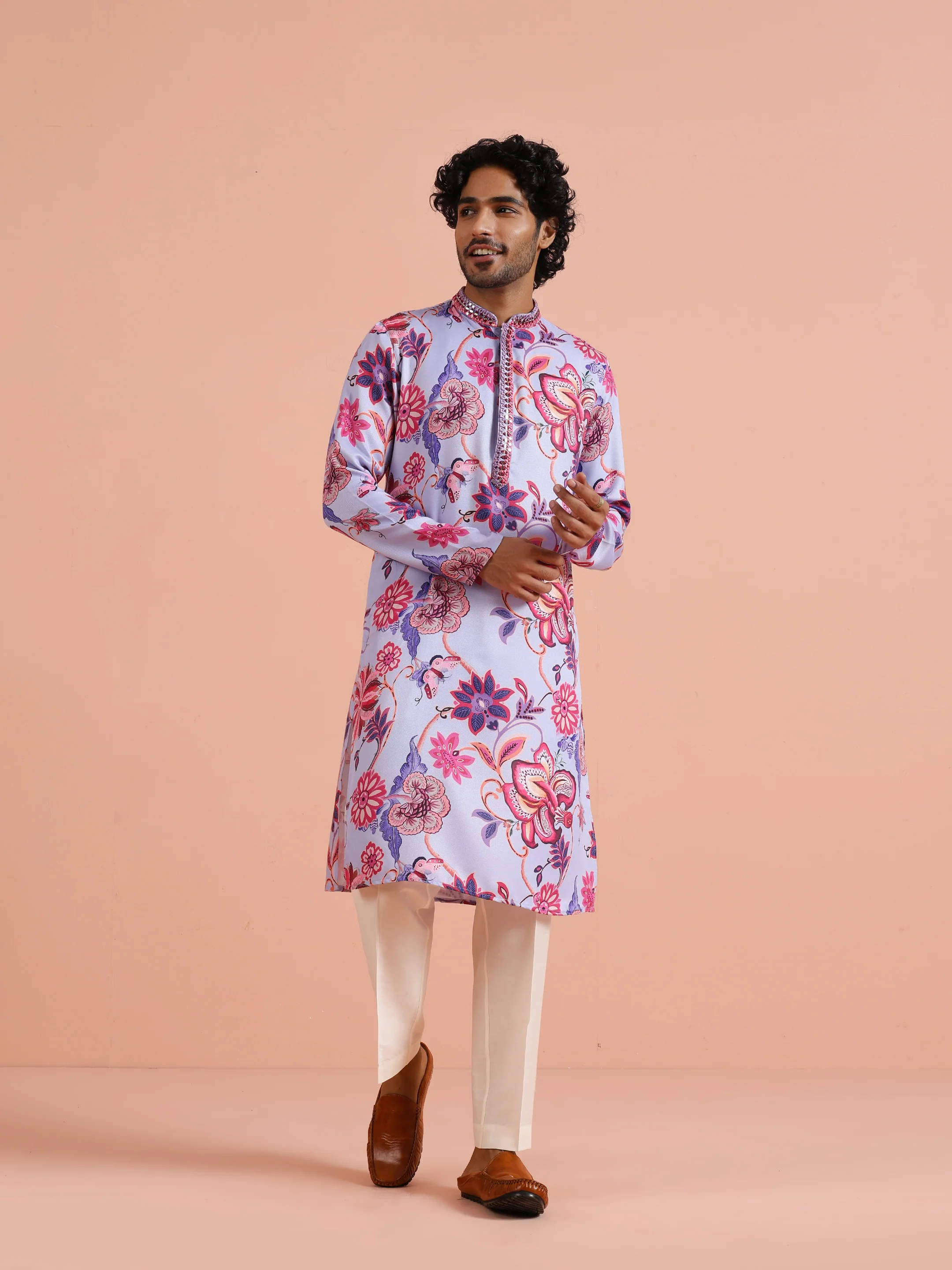 Lilac Floral Printed Kurta - Image 3