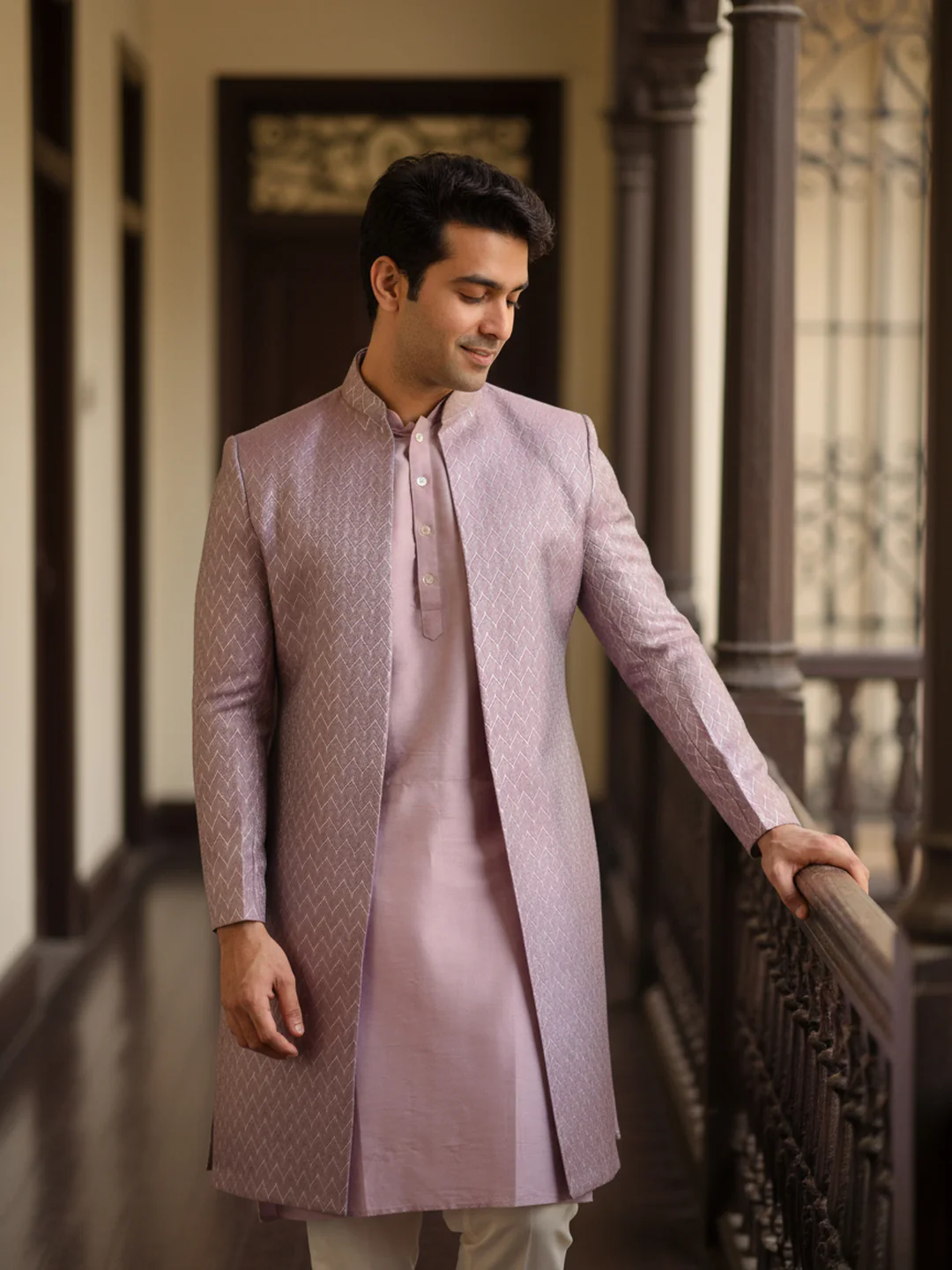 Lilac Front Open Sherwani Trouser Set - Image 2
