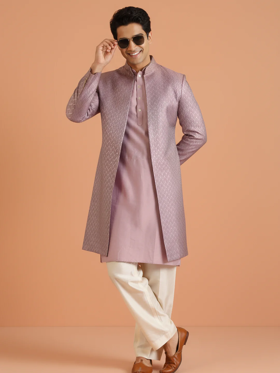 Lilac Front Open Sherwani Trouser Set - Image 6