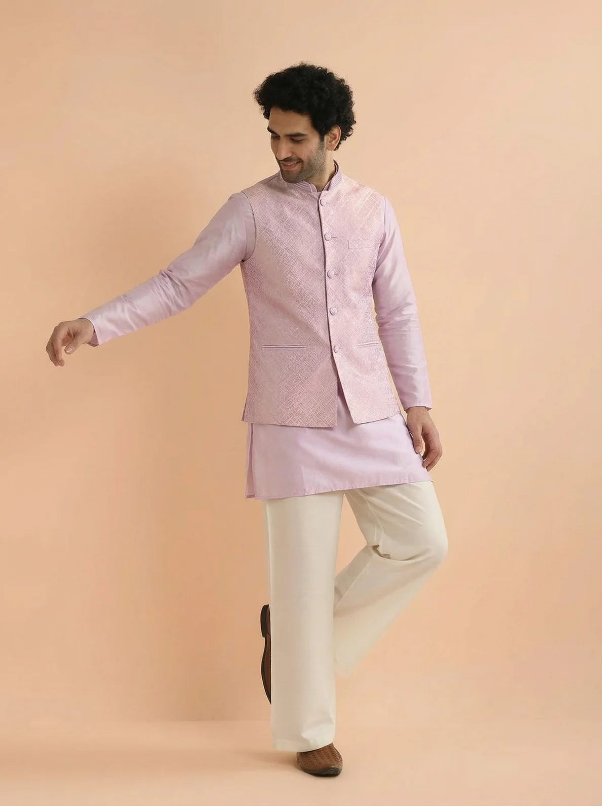Lilac Jacquard Mid Kurta Front Open Jacket Wide Leg Trouser Set - Image 2